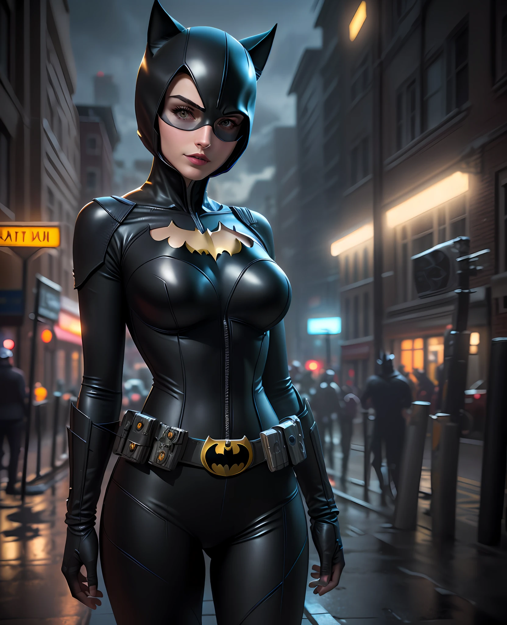 Batman's Catwoman is a life-size version of the character, 3d render da mulher-gato, Mulher-gato, Margot Robbie como Mulher-gato, Margot Robbie como Mulher Gato, Emma Watson como Mulher-gato, CGSetivity UHD 4K altamente detalhado, Mulher do gato, Anigirl Batman, em Batman : Cavaleiro Arkham, 8K Artgerm Bokeh, 8k render"