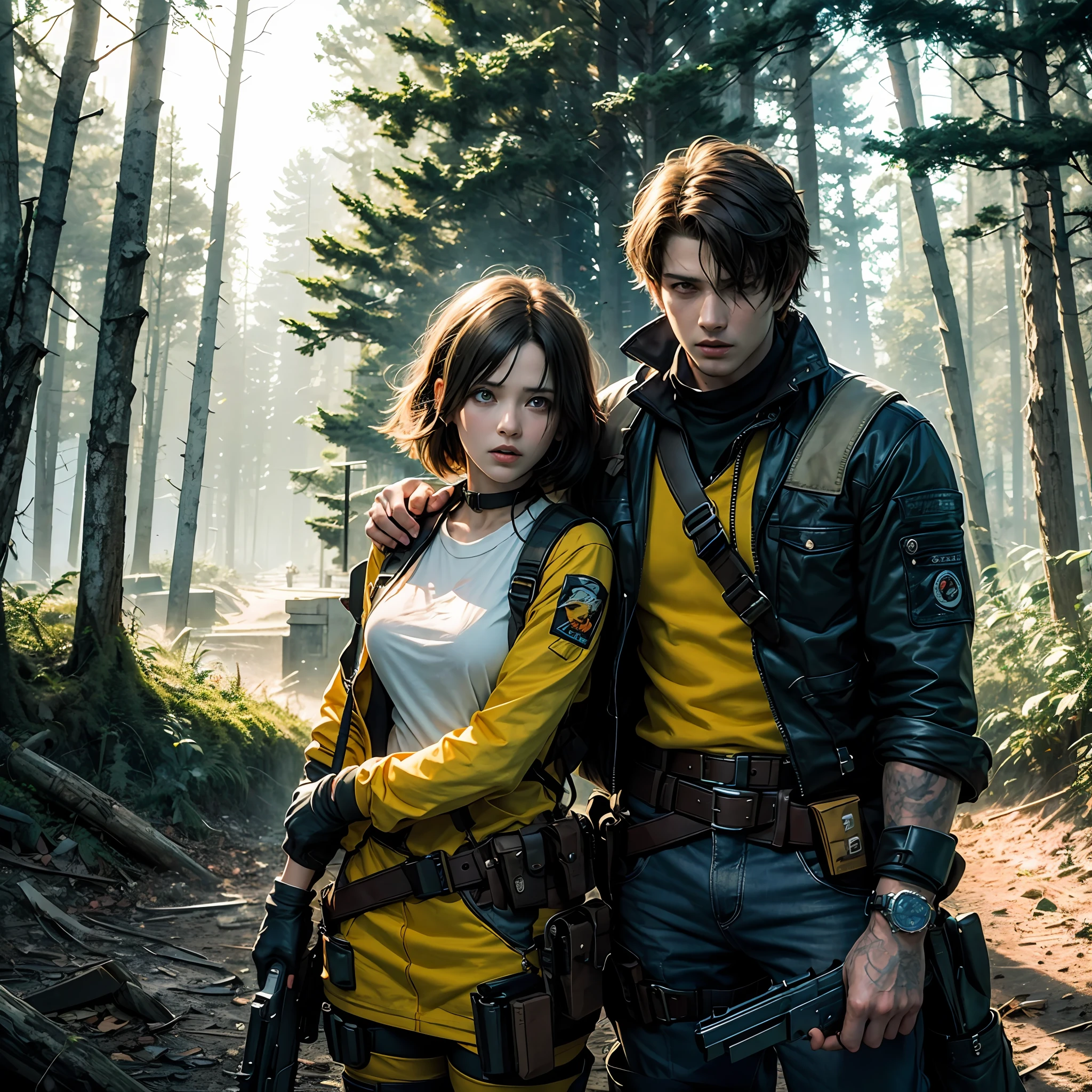 The Resident Evil male and female protagonists hold guns on their backs,Ultra-clear resolution,Ultra-high quality live-action version。The light effect is soft,Background sunshine forest。Warm yellow。 --auto