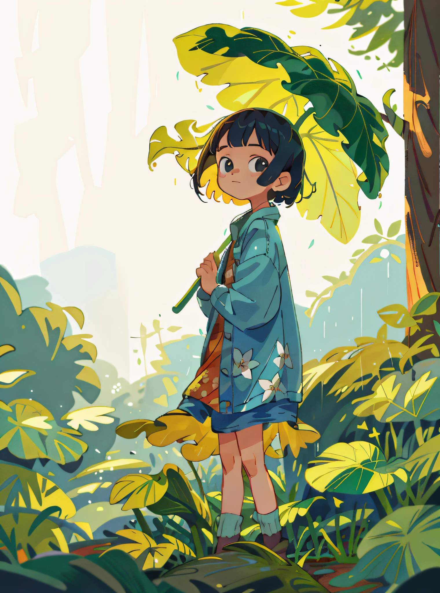 masterpiece, best quality, 1girl,looking at viewer,leaf umbrella,leaf,brwon hair,short hair,floral dress, denim jacket,outdoar,rain