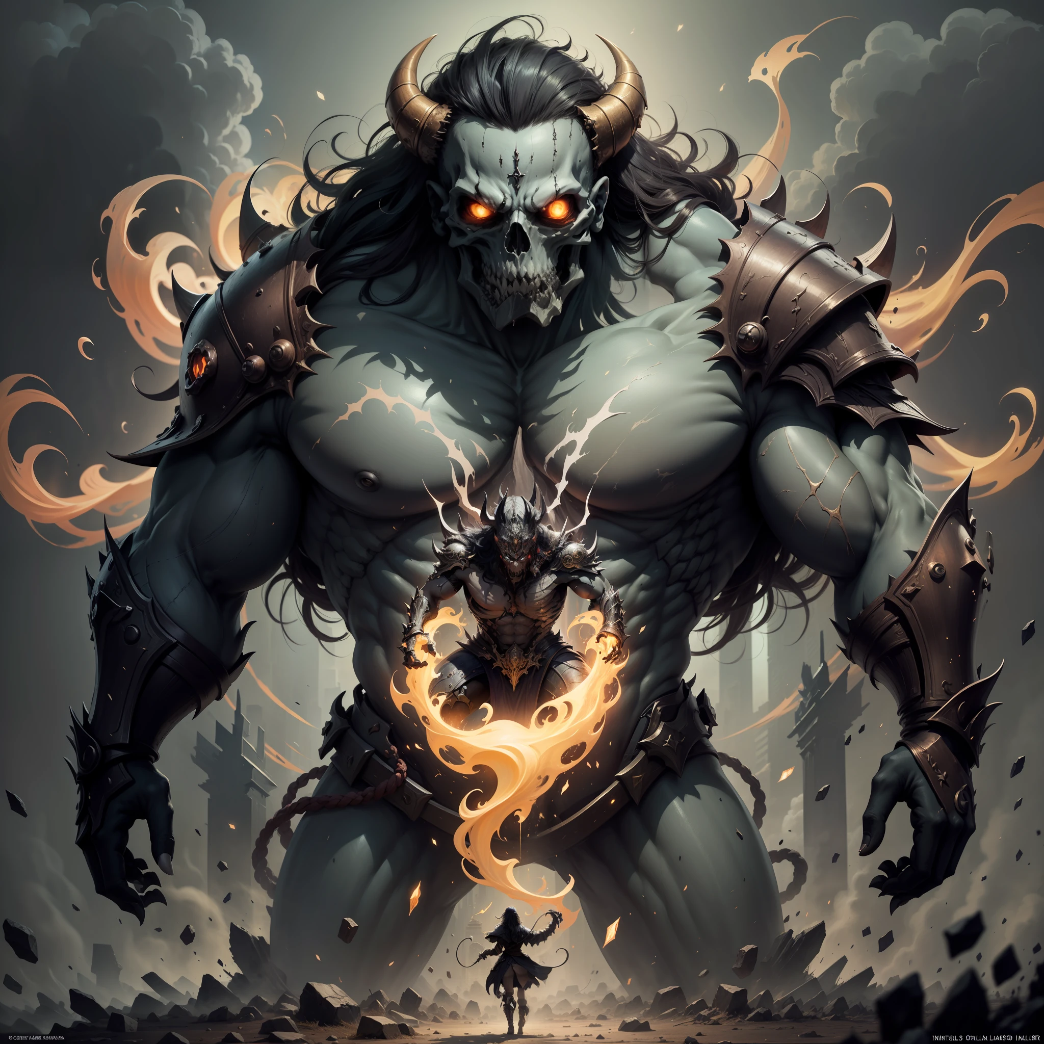 Here are the details you can use to create text that will run along with the ink in the paint sector:
Painting Title: "Rei das Trevas: The Ascension of the God of Death"
description:
"Admire the epic and terrifying vision of the Dark King, o Deus da Morte, on his full ascension! This work of art represents the embodiment of supernatural power and impending doom. O Rei das Trevas emerge das profundezas escuras, with an imposing and fearsome presence. His colossal body is engulfed by hellish flames, who dance around him like a sinister cloak. Seus olhos brilham em um vermelho ardente, penetrating the soul of those who dare to look at its skeletal face. As asas majestosas, feitas de penas negras e afiadas, representam sua habilidade de voar entre os reinos da vida e da morte. Longas, Wild hair is composed of black flames, simbolizando a energia da morte que consome tudo o que toca. O Rei das Trevas empunha uma foice colossal, whose blade shines with the promise of harvest and rebirth. His armor adorned with bones and sacred symbols exudes an air of authority and domination. Ao fundo, uma paisagem infernal, repleta de chamas e nevoeiro, cria uma atmosfera sombria e perturbadora. This painting is a vivid depiction of the supreme entity of death in all its terrifying glory.... Aproveite e tema a chegada do Rei das Trevas!"
Espero que esses detalhes ajudem a criar um texto impactante para acompanhar sua pintura no setor de pintura. Be sure to adjust the text according to your preference and paint size.