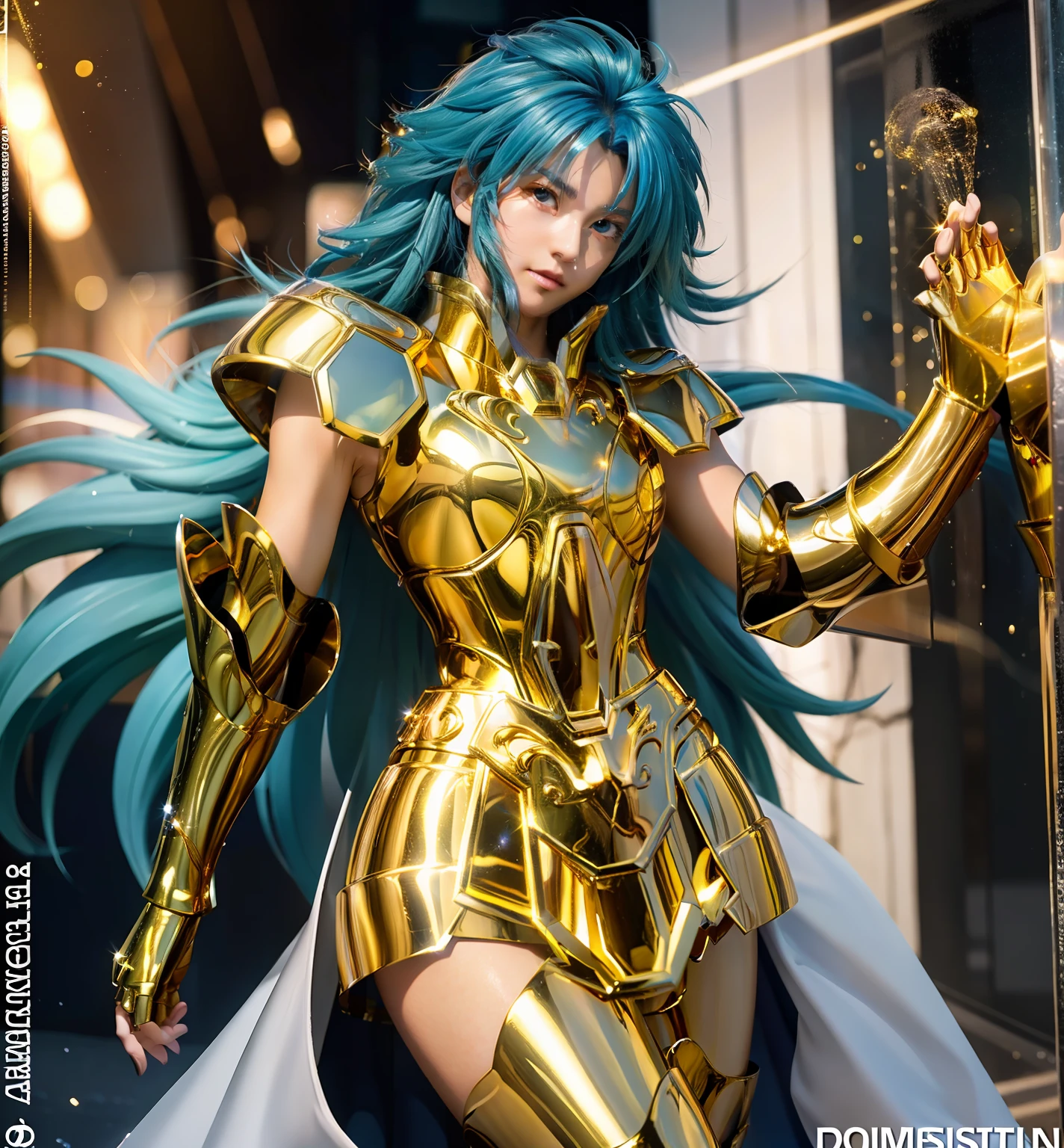 Ultra-high saturation（tmasterpiece）， fully body photo，（best qualtiy）， （1girll），super wide shot， sface focus，  Wearing shiny gold armor， Sexy lingerie type armor，Expose your chest，Expose the waistline，Exposing thighs，cool-pose， Saint Seiya Armor， messy  hair，high detal, Anime style, Cinematic lighting, The armor is shining gold, god light, Ray traching, filmgrain, hyper HD, textureskin, super detailing, Anatomical correct, A high resolution，Ultra-high saturation，hight contrast，High-gloss armor，Smooth skin，Grim expression