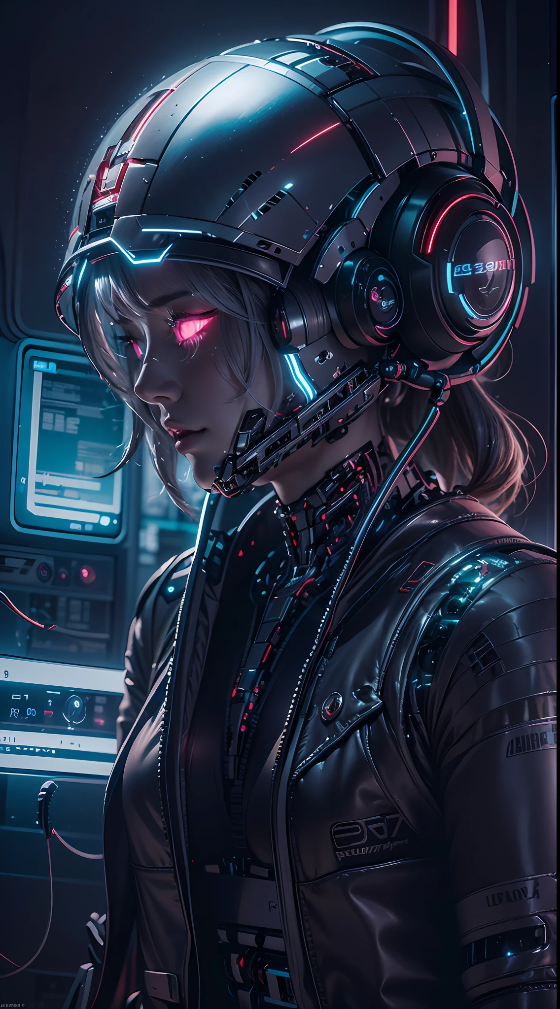 1girll，Perfect facial features，delicated face，(cyber punk perssonage:1.3)，Overcome cyber puns，Bring headphones，shelmet，Super complex helmets and headphones，Illuminated helmet and headphones，glowing jewelry，Glowing earrings，Glowing necklace，inside in room，Electronic wire background，best qualtiy，tmasterpiece，Movie filter presets，movie level lighting，c4d渲染，rendering by octane，((with light glowing))，Glow，(full body:1.5)，slender leg，perfect foot，High chiaroscuro，