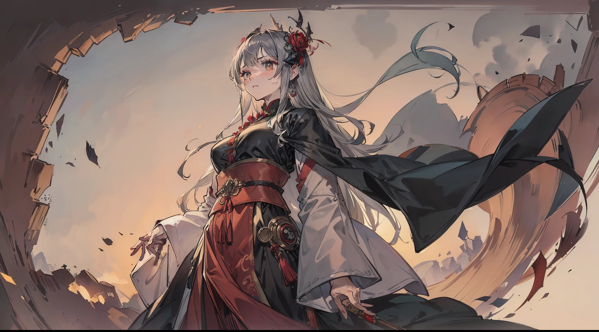 masuter piece、top-quality、8K、very detailed illustration、花魁、Dracula's daughter、Gray hair、Long straight hair、Fair skin、deadpan、Full body、simple background