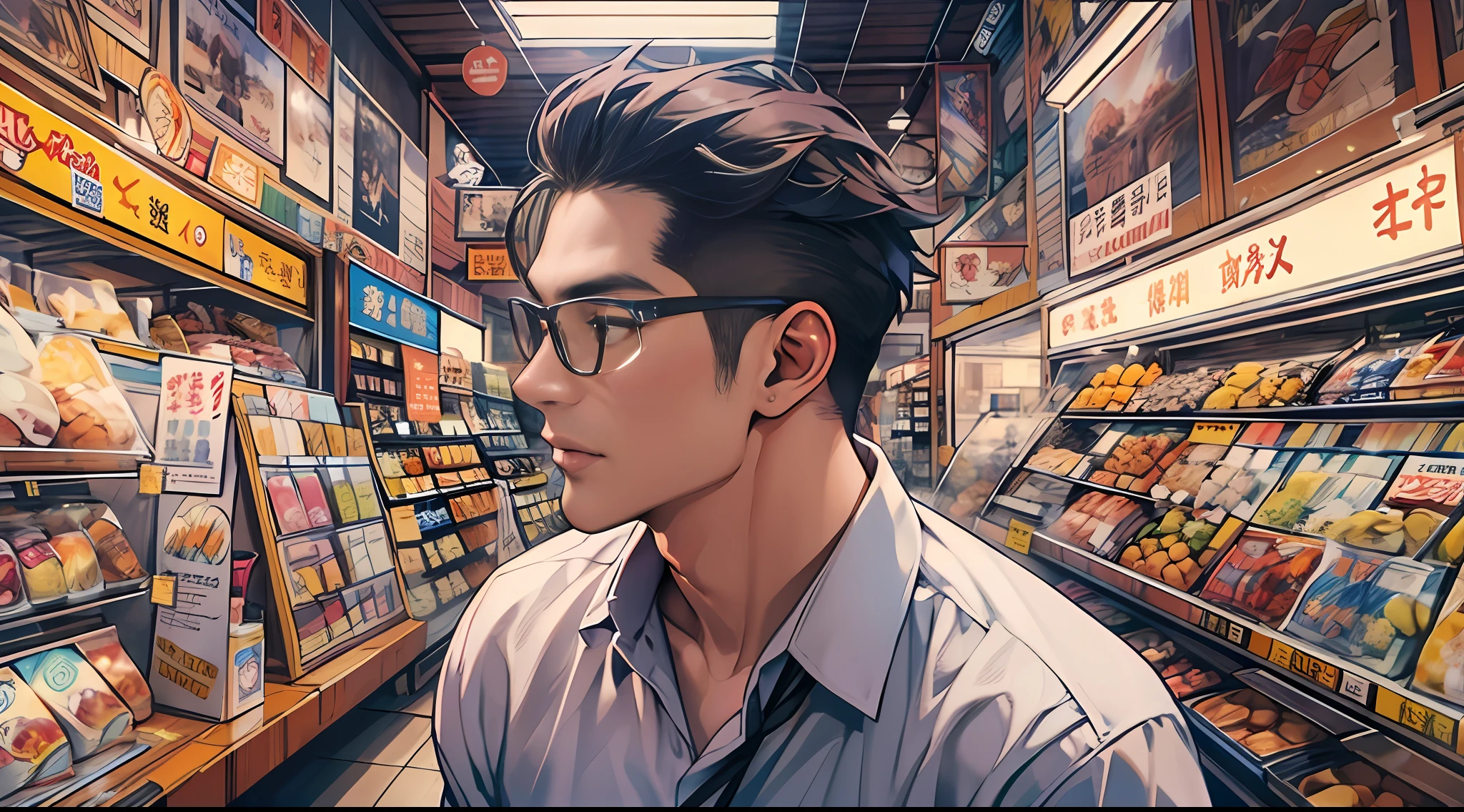 A tall, handsome man looked up at the store's signboard,Ask me with a questioning look。,16k, Best quality, Masterpiece, Super detail, High details