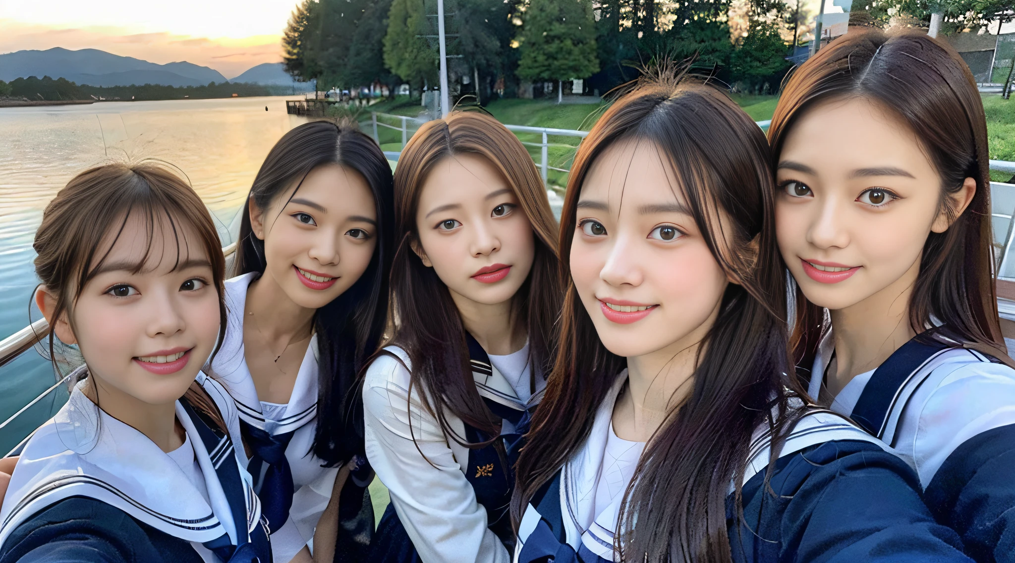 (8K、Raw photography、top-quality、masterpiece:1.2)、ultra-detailliert、ultra res、(hyper realisitic:1.4)、(Sexy waist)From above、Camera from above、Camera angle from above、I'm looking at this with upward eyes、Arms outstretched、arms spread wide、High-quality images taken with a camera from above、Above the sea、、Offshore Girl(Fantastic lighting)head to waist、sexy pose、Very embarrassing、Erotic Poses、A sexy、Raw feet、odious waist、de pele branca、Fair-skinned female proofreading、An ultra-high picture quality、、Beautiful female proofreading reflecting in light、amazing detailed、Beautiful girls in very detailed、Faces with different patterns、Different face patterns、Each hairstyle has its own characteristics、Farbe々Hairstyle、Farbe々Hair color shining with clean light、I enjoy fishing on a boat、Brown hair shining in the light、One has a ponytail、、Modern cute high school girl、very detailed faces very detailed eyes、Very realistic skin、 extremely detailed fingers, highly detailed nose, highly detail mouth, perfect anatomia, Highly detailed sailor suit、、The details of their hair and uniforms shine through、Burning teeth and smiling、Realistic body, de pele branca, glistning skin, Slim body, Long straight hair, (Blunt bangs:1.2), , nixeu and sakimichan, TWICE, Seifuku, sakimichan, JK Uniform, wearing japanese school uniform, promo still, Larisa Manobal, Japan school uniform, japanese girl school uniform, alena aenami and lilia alvarado