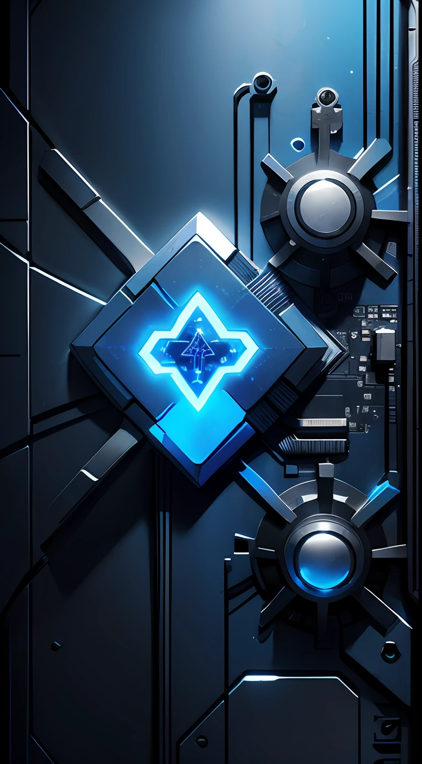 texture blue motherboard with ones tiny chip at center with strange symbol and thin glow lines around