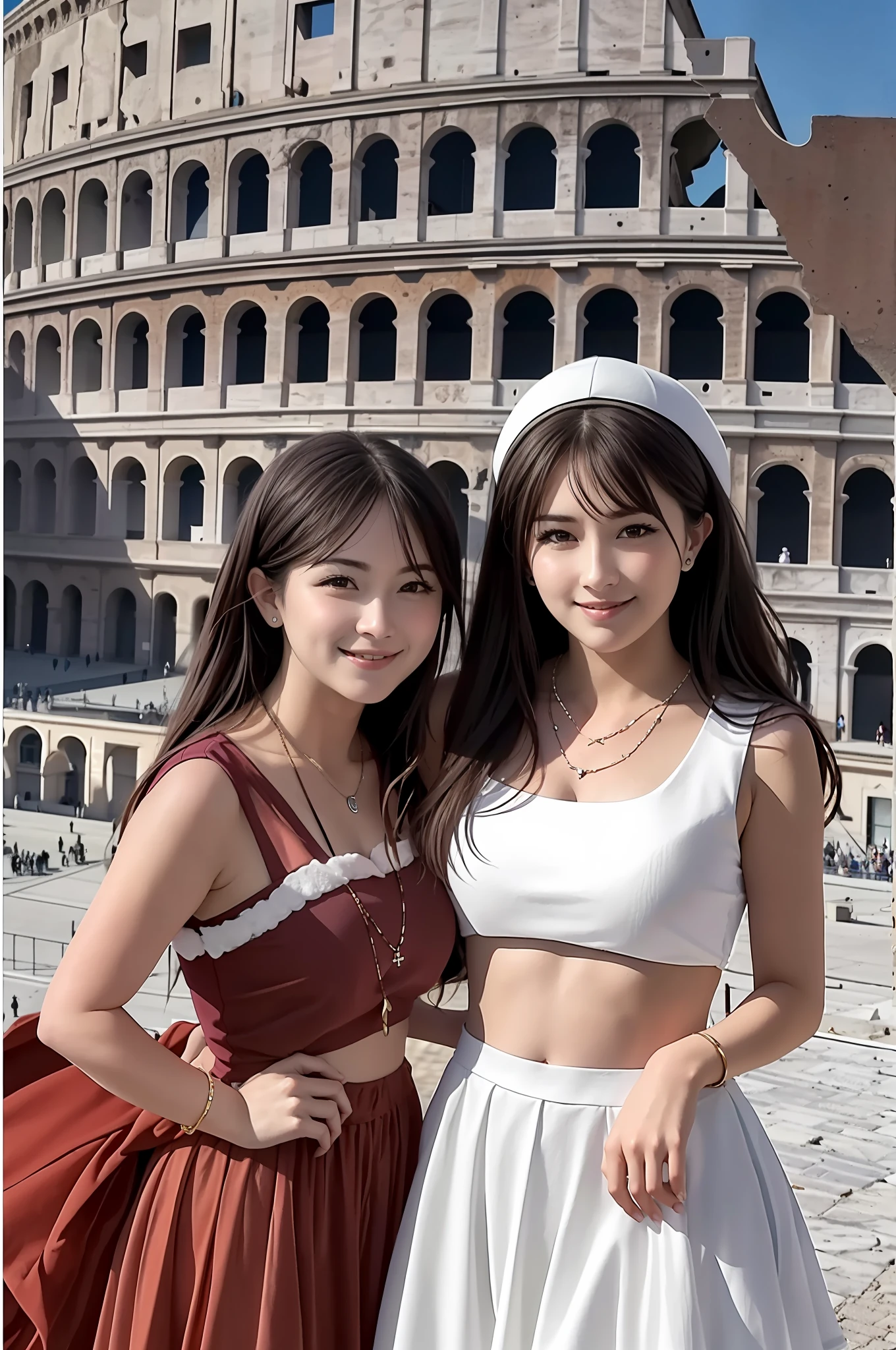 masterpiece, 4K, best quality, FELute, necklace, purple dress, (on the St. Peter's Square of Vatican,crowd,navel),bracers, cowboy shot, looking at viewer, smirk, hand up