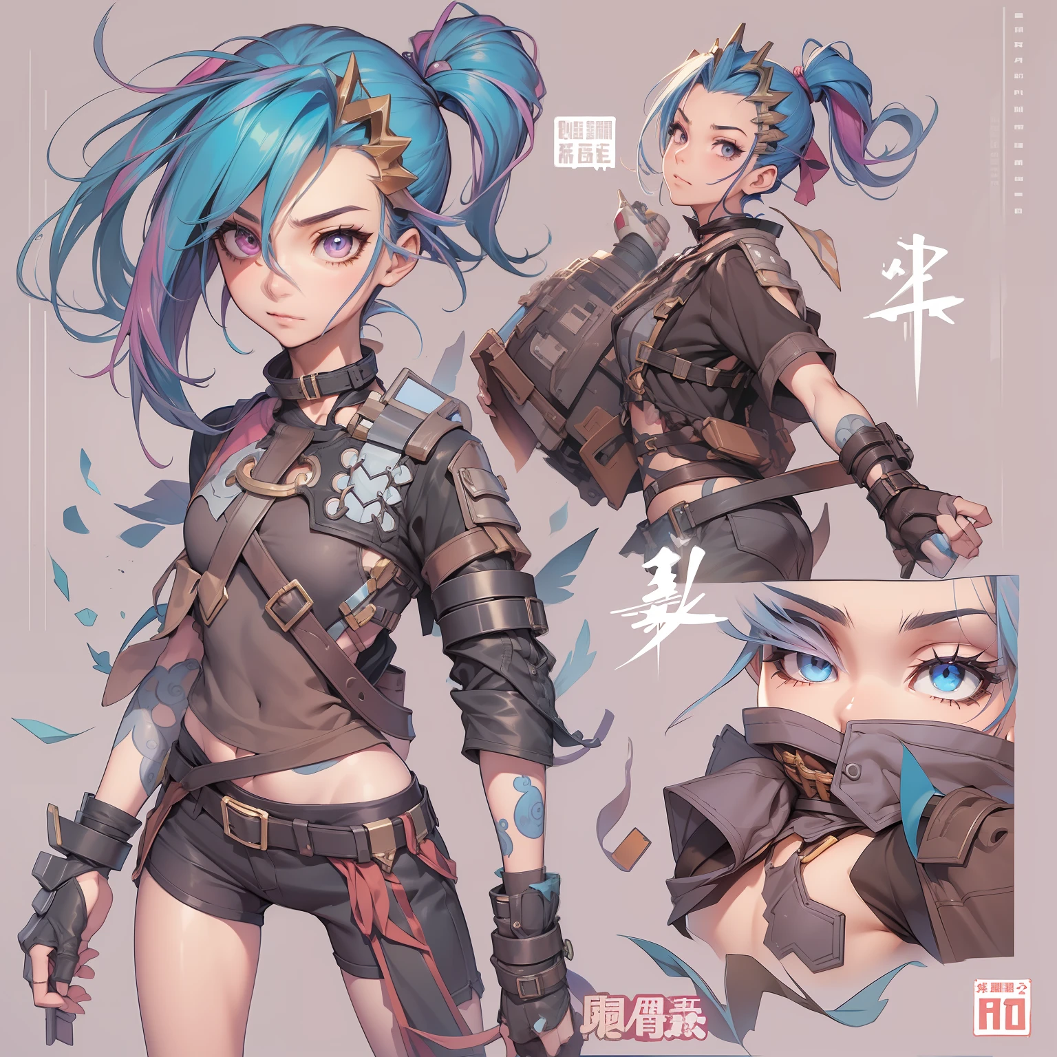 Jinx,short- sleeved，take up close，cute-style，short- sleeved，shorter pants，Comic cover style，Comic title,tmasterpiece， High- sharpness， high high quality， 详细的脸， detailed body render