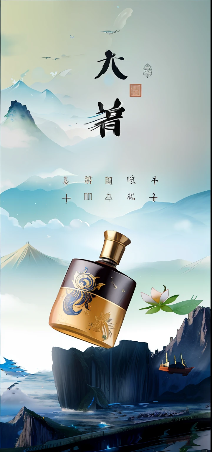 There was a bottle of liquid flying over the mountain,The background is a ship, inspired by Dong Yuan, Inspired by Cao Zhibai, inspired by Gu An, Wang Chen, Chiba Yuda, Inspired by Xiao Yuncong, inspired by Cao Buxing, inspired by Luo Mu, Inspired by Gong Li
