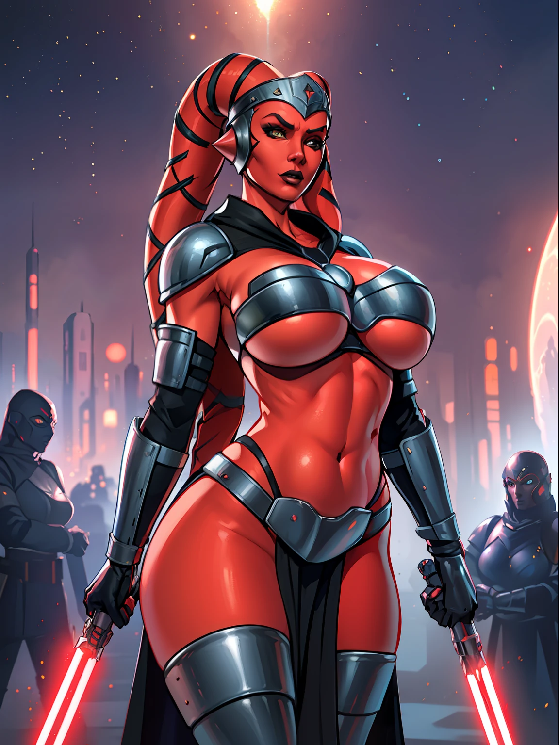 armor, busty, gigantic boobs, ((red skin), twi'lek), dual red lightsabers, evil space knight, space ninja, (wearing black robes, black stealth armor, breastplate, tunic, tabard, cowl, cloak, body glove, straps, buckles, skirts, long sleeves, fantasy, ((armor))), ((busty), slender body, thin, slim sexy body, slim waist, ((((gigantic breasts))))), Imperial starship, Star Wars,
