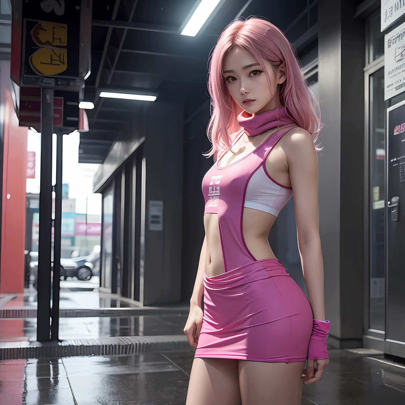 Printad Pink Clothing Women Gamer Cyberpunk ((beste-Qualit, 10, masterpiece: 1.3)), Focus: 1.2, perfect body beauty: 1.4, Buttocks: 1.2, ((Layered Haircut, flat chest: 1.2)), (It's raining, road: 1.3), Scarf set: 1.1, Highly detailed faces and textures, Good eye., 二重まぶた, Fair-skinned, long-haired, (Shut Up: 1.3), full entire body