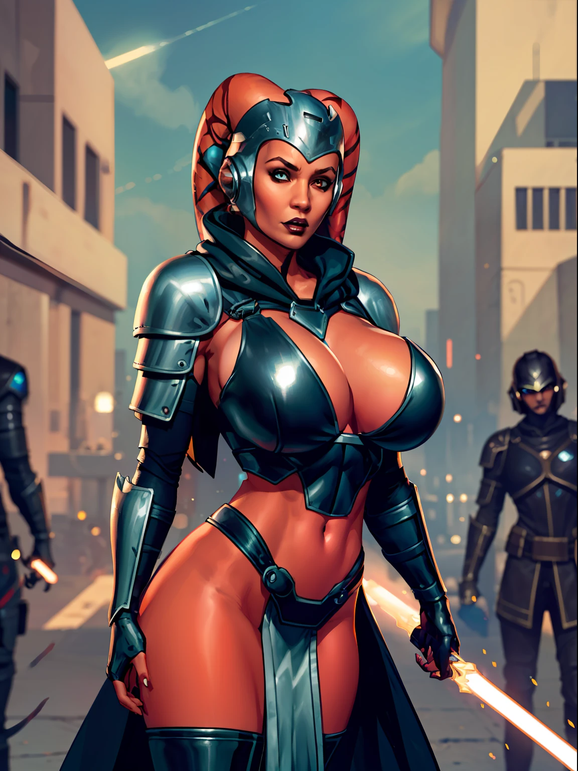 armor, busty, gigantic boobs, ((red skin), twi'lek), dual red lightsabers, evil space knight, space ninja, (wearing black robes, black stealth armor, breastplate, tunic, tabard, cowl, cloak, body glove, straps, buckles, skirts, long sleeves, fantasy, ((armor))), ((busty), slender body, thin, slim sexy body, slim waist, ((gigantic breasts))), Imperial starship, Star Wars,