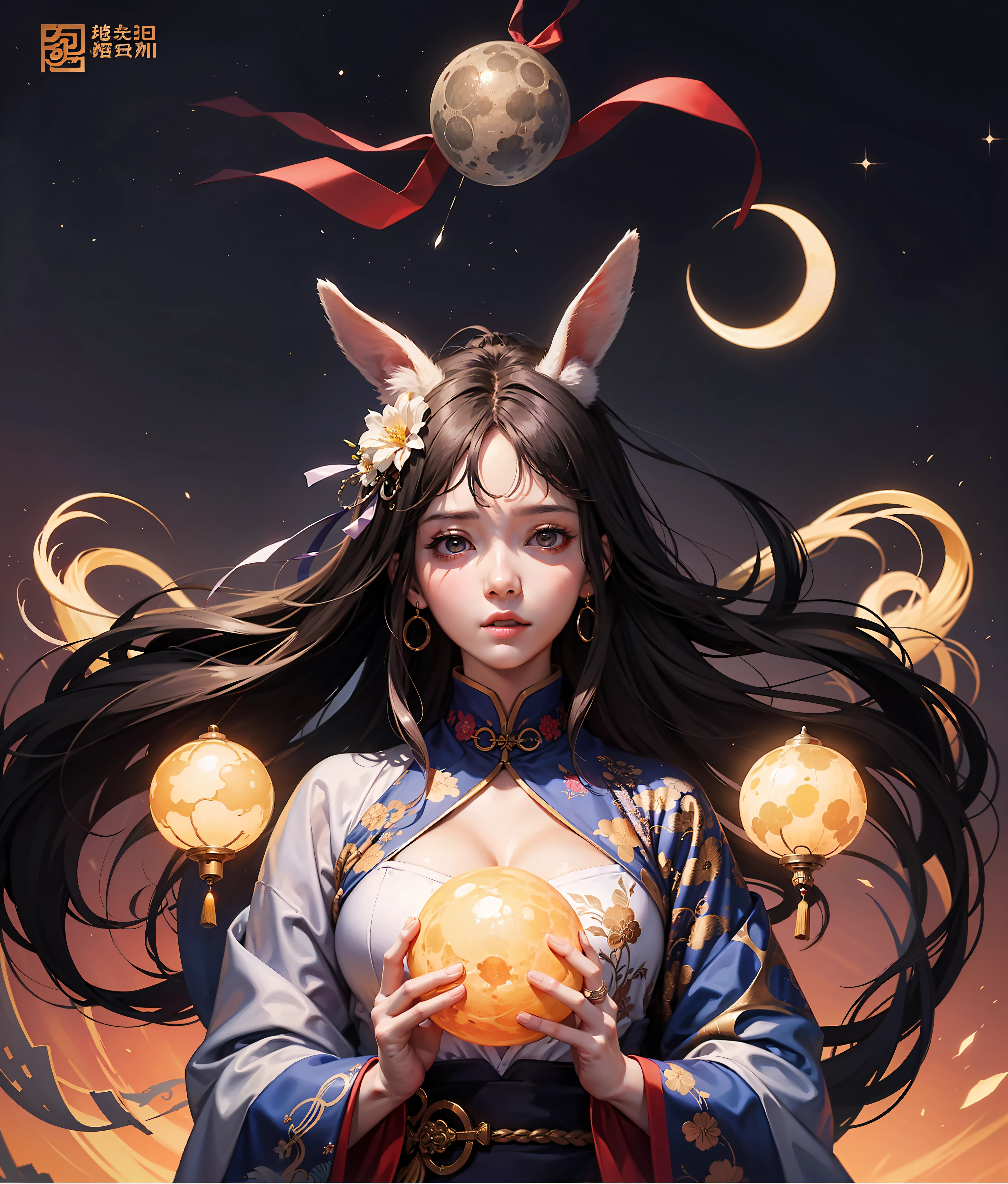 Draw a girl with rabbit ears,Hold the moon in front of your face, japanese pop surrealism, yanjun cheng, mingchen shen, xue han, author:Julian, ruan jian, author:Wen Zhenheng, author:Mei Qing, feng zhu |, author:Zou Zhe, chinese surrealism, by Ye Xin, By Li Song