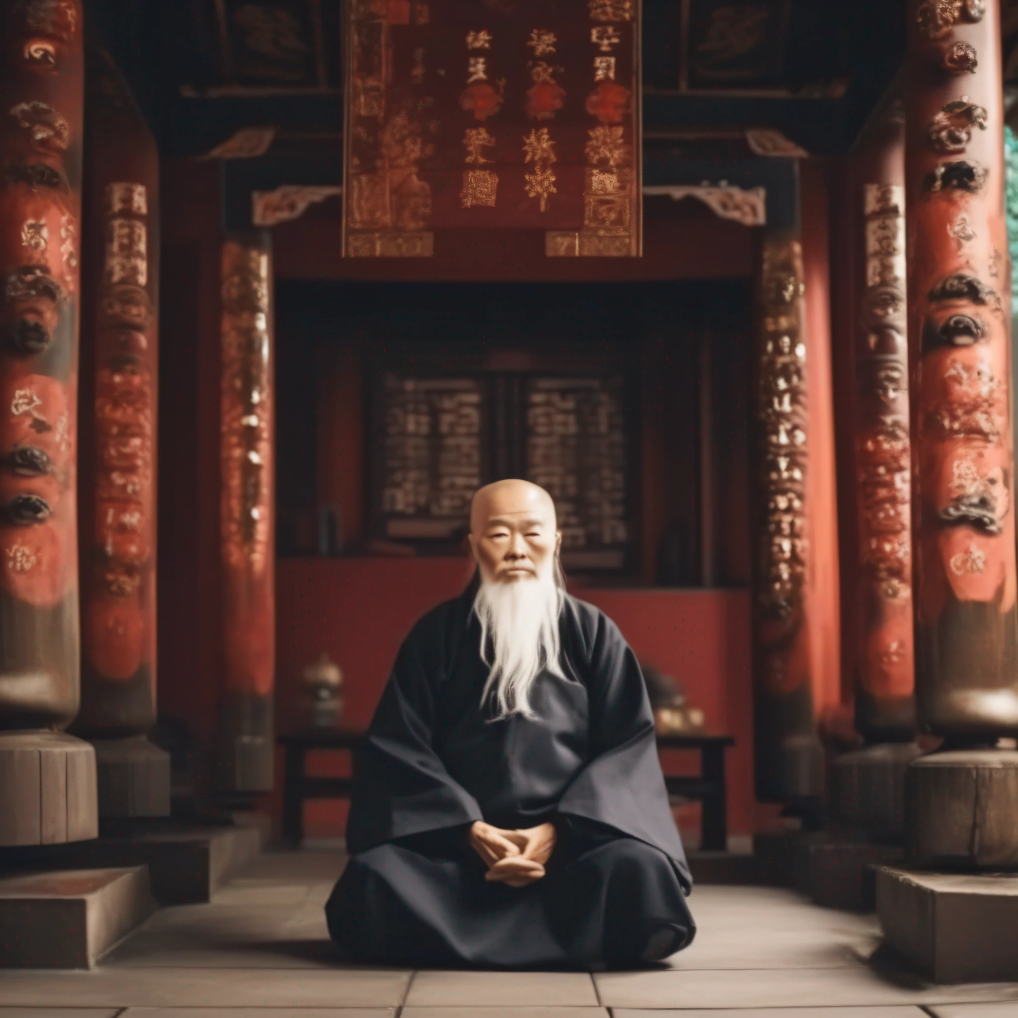 An old Taoist priest with a white beard wears a Taoist uniform，Sit in the Taoist temple，Face the lens