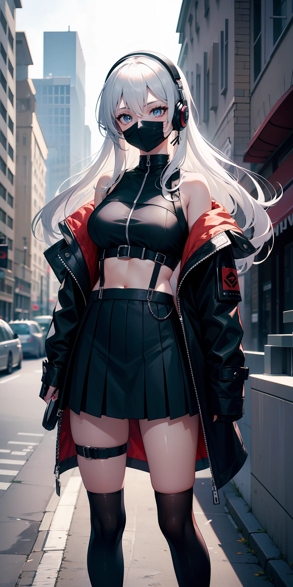 masterpiece, best quality, tall, clearire2, 1girl, Sister Cleaire, only, long hair, open clothes, black skirt, black tights, long sleeves, chest harness, open jacket, black shirt, two sides up, black overcoat jacket, fringe, crop top, miniskirt, paddles, futuristic headphone, O-Ring, midriff, black and white hair, different color eyes, off shoulder, big breasts, thigh strap, pleated skirt, suspenders eyepieces, perfect eyes, cropped shirt, street, mask, stand