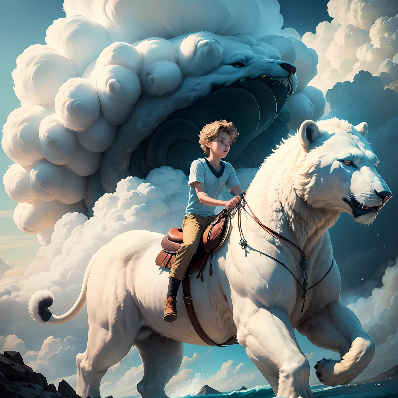 It shows a boy riding a majestic lion/imagine prompt: A youtube channell A majestic polar bear surrounded by a swirling cloud of smoke. --auto