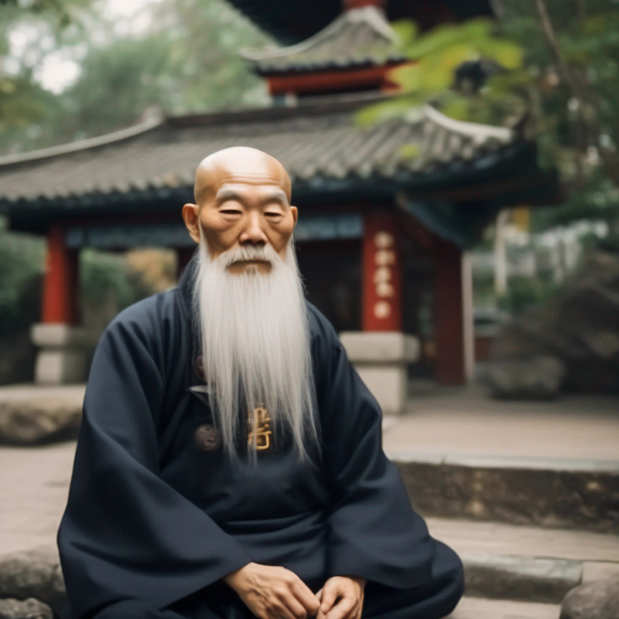An old Taoist priest with a white beard wears a Taoist uniform,Sit in the Taoist temple,Face the lens