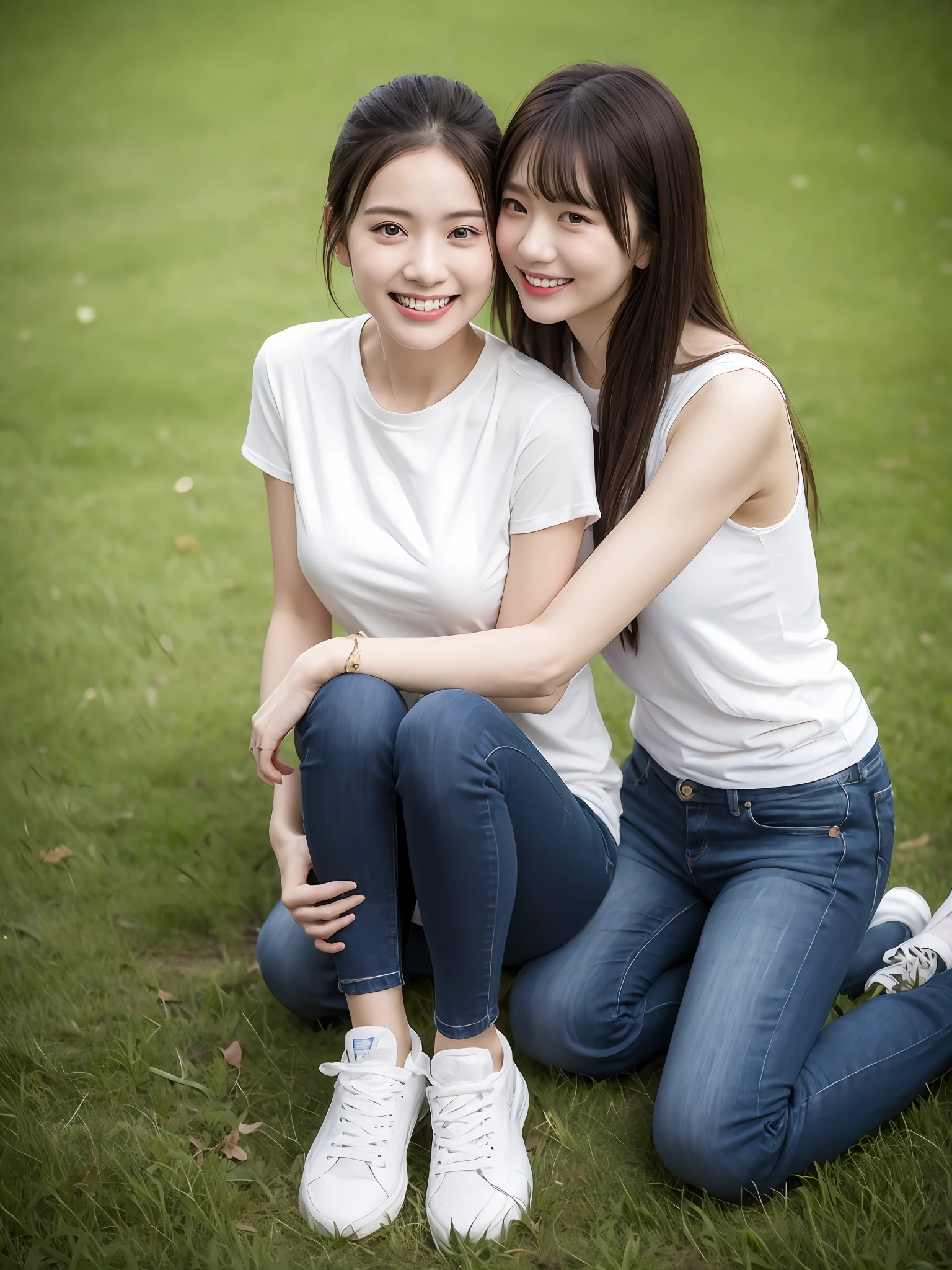 (超高分辨率,RAW photogr,realisticlying,tmasterpiece,best qualtiy:1.4),Complicated details,2 20 year old Korean girl,Wear a loose black T-shirt and skinny jeans,Stand on the grass and take pictures,hugs,Intimate relationships,Detailed meadow,A sweet smile on a small face,Ultra-realistic facial details,The face and skin are pink and white, and luminous,Playful and coquettish pose,The calves are straight and slender:1.2,Wear high-end brand sneakers:1.0,eventide:0.3,Broad lighting,naturalshadow:1.0,超高分辨率,taking a full body photo:1.8 --auto