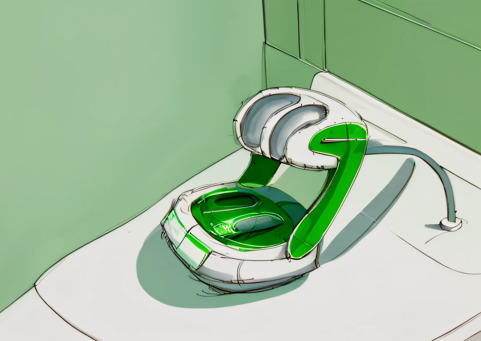 Draw a toilet bowl with a green handle on white paper, concept sketches, conceptual drawing, prop design, sketch of oculus rift, Concept illustration, object concept art, concept art sketch, concept design, product design concept, old sketch, industrial design concept, concept artwork, concept art h 8 0 0, cartoonish and simplistic, Rough sketch, simple bionic exploded drawing