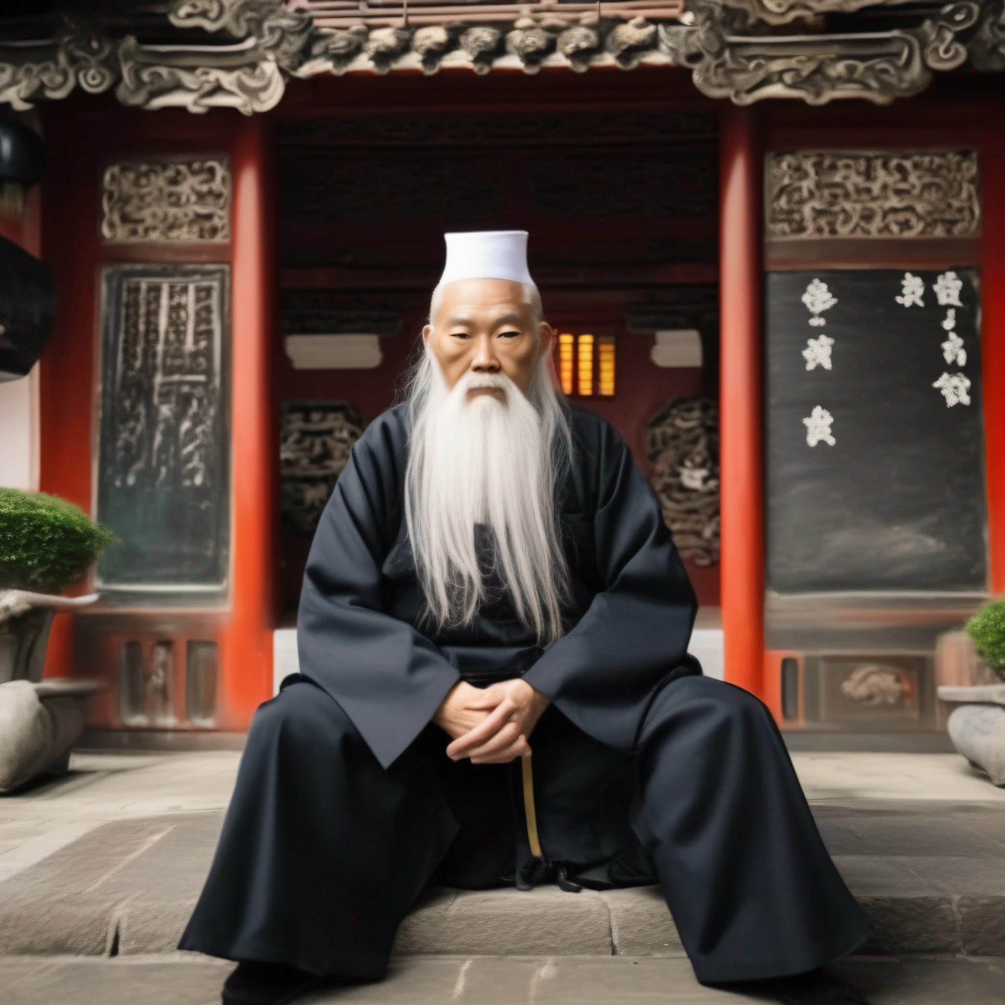 An old Taoist priest with a white beard wears a Taoist uniform,Sit in the Taoist temple,Face the lens
