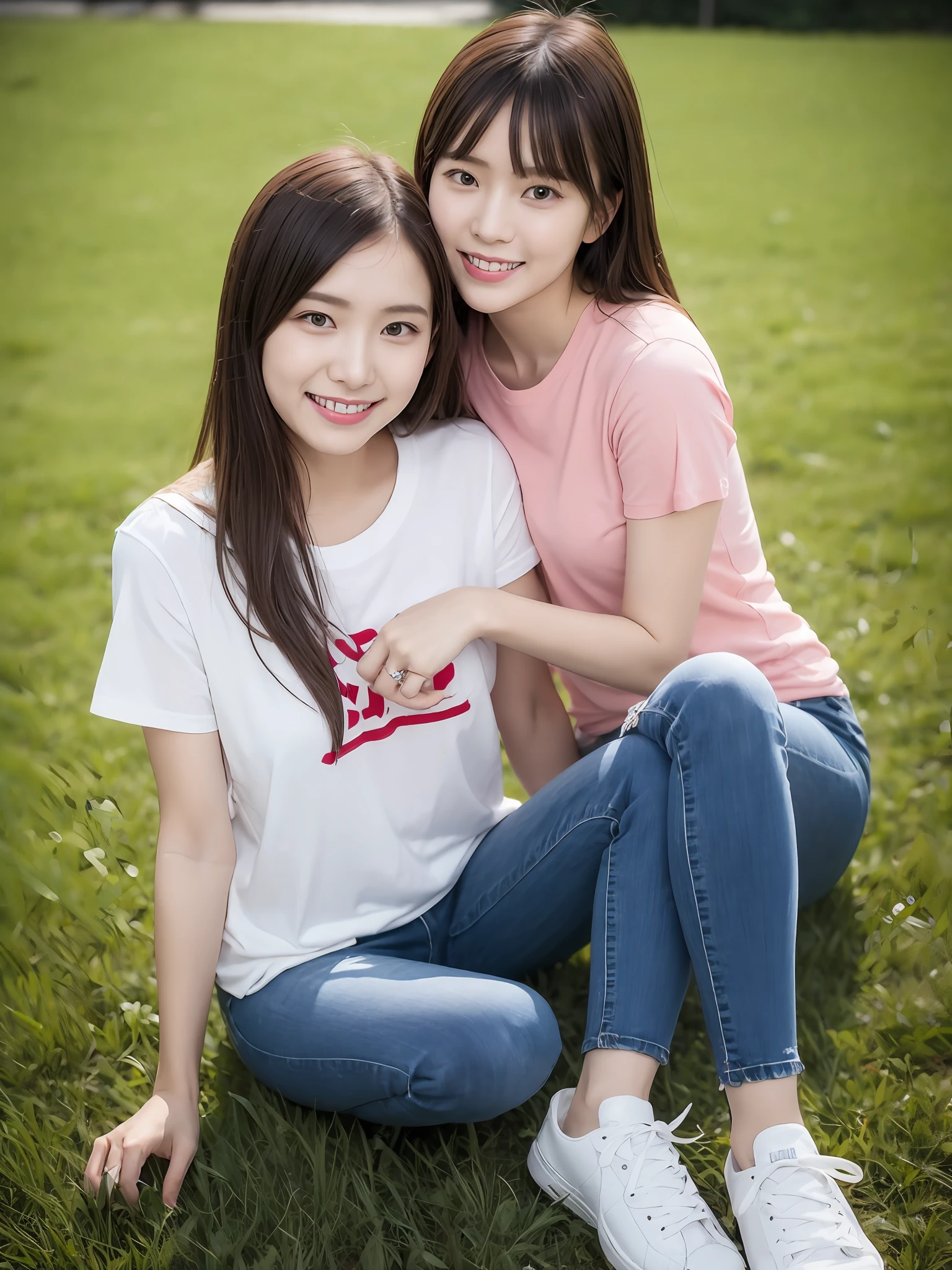 （超高分辨率，RAW photogr，realisticlying，tmasterpiece，best qualtiy：1.4），Complicated details，2 20 year old Korean girl，Wear a loose black T-shirt and skinny jeans，Stand on the grass and take pictures，hugs，Intimate relationships，Detailed meadow，A sweet smile on a small face，Ultra-realistic facial details，The face and skin are pink and white, and luminous，Playful and coquettish pose，The calves are straight and slender:1.2，Wear high-end brand sneakers:1.0，eventide：0.3，Broad lighting，naturalshadow：1.0，超高分辨率，taking a full body photo:1.8 --auto