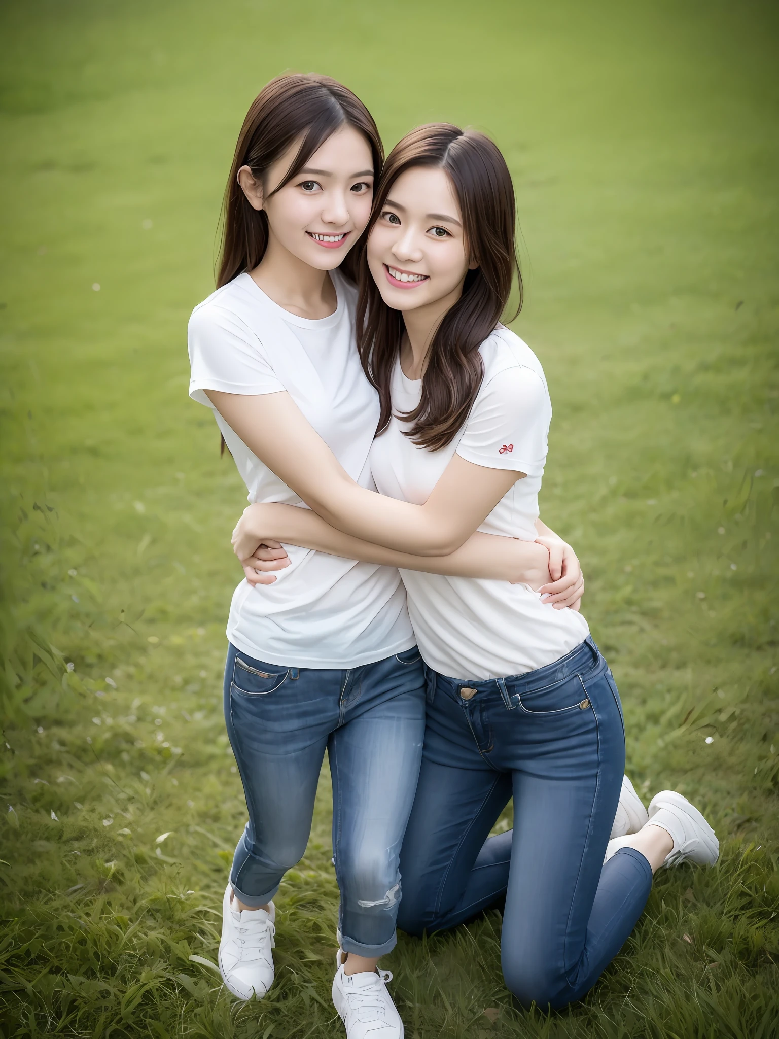 （超高分辨率，RAW photogr，realisticlying，tmasterpiece，best qualtiy：1.4），Complicated details，2 20 year old Korean girl，Wear a loose black T-shirt and skinny jeans，Stand on the grass and take pictures，hugs，Intimate relationships，Detailed meadow，A sweet smile on a small face，Ultra-realistic facial details，The face and skin are pink and white, and luminous，Playful and coquettish pose，The calves are straight and slender:1.2，Wear high-end brand sneakers:1.0，eventide：0.3，Broad lighting，naturalshadow：1.0，超高分辨率，taking a full body photo:1.8 --auto