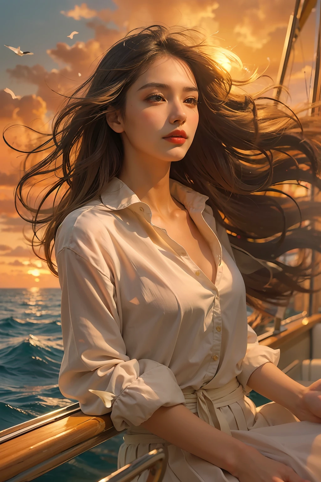 (masterpiece, high resolution, scenic:1.2), stunning young woman with flowing long hair, (graceful and captivating presence:1.1), (golden sunlight casting a warm glow on her face:1.2), (gentle sea breeze tousling her hair:1.2), (elegant Sailor outfit with a short skirt:1.1), (luxurious yacht gently rocking on the waves:1.2), (breathtaking ocean stretching into the horizon:1.1), (vibrant colors of the setting sun painting the sky:1.2), (seagulls soaring above the yacht:1.2), a moment of tranquility and beauty on the open seas, serene atmosphere.