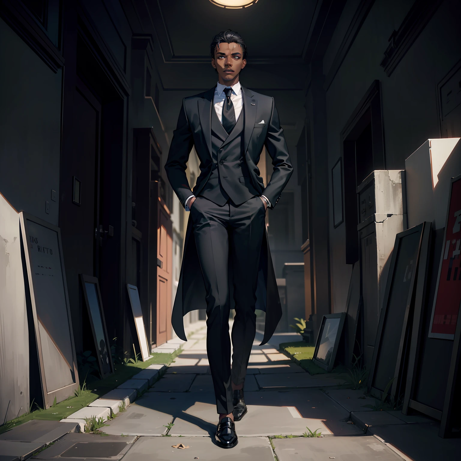 a masterpiece, 1 male, young adult, dark skin, short, low hair, dark eyes, detailed face, good shape, photorealistic, britanic, wearing black suit with tie, with long black coat, hands in the pocket, legs crossed, epic stance, good looks, serious face, dark backstreet backdrop, looking to the front, a pile of dead bodies in the ground.