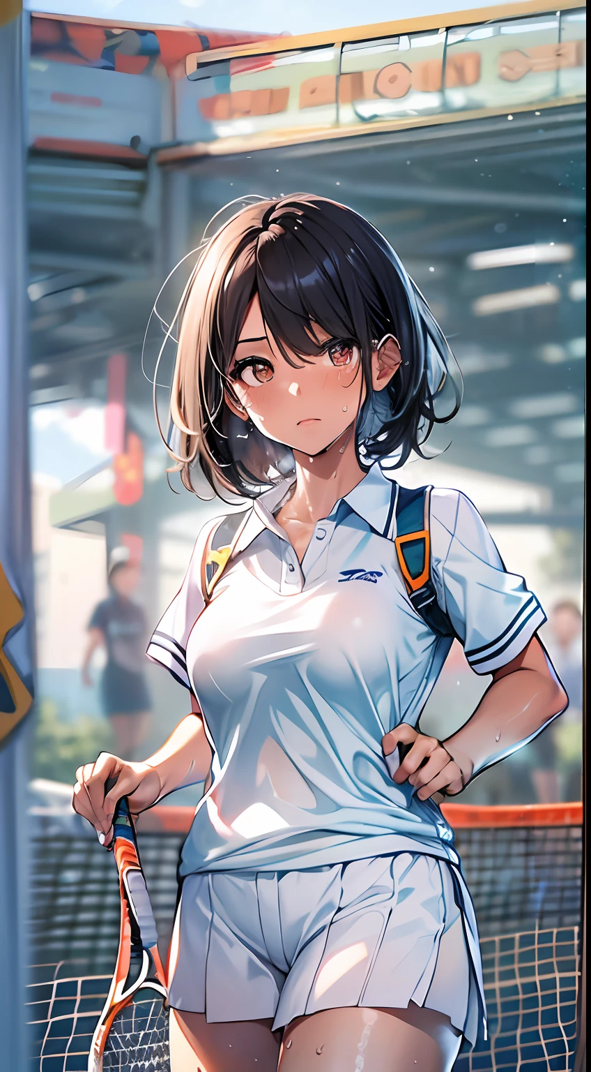 1girl, solo, white polo shirt, white sneakers, tennis wear, white miniskirt, masterpiece, best quality, realistic, hyper-detailed, (shiny skin, sweaty:1.4), absurd, looking at viewer, short black hair, brown eyes, slender, dynamic lighting, high resolution, sharp focus, depth of field, detailed eyes, sharp pupils, realistic pupils, (small breasts:1.6), (thick thighs:1.0), outdoor, sky