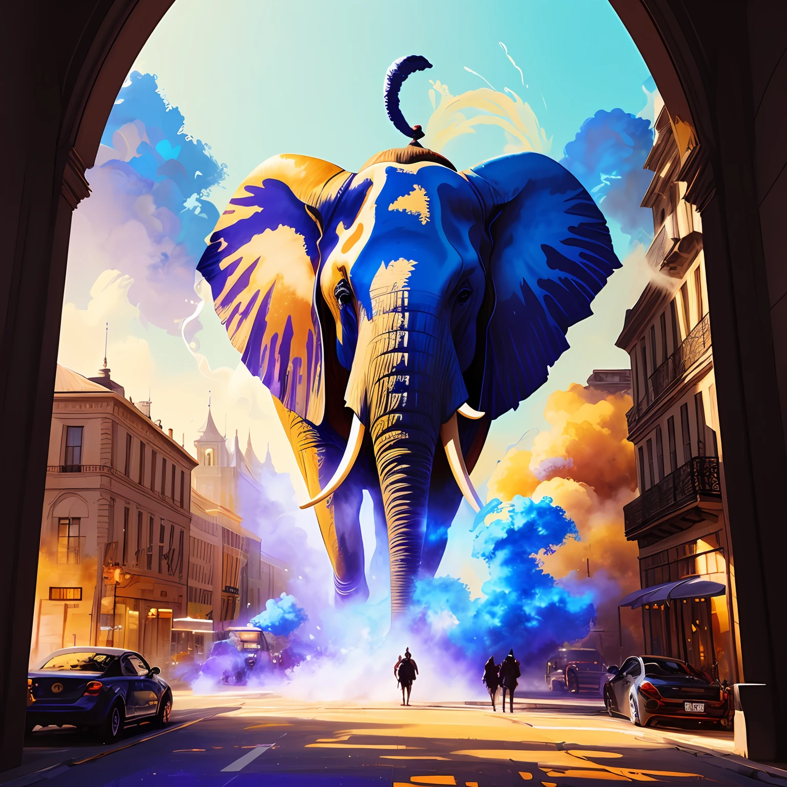 extremely stressed anime elephant, drinking coffee in a building on fire in the background, masterful playing card border, random Colorful art, oil painting, blue yellow colors, light purple and violet additions, light red additions, intricate detail, splash screen, 8k resolution, masterpiece, artstation digital painting smooth veryBlack ink flow: 8k resolution photorealistic masterpiece: intricately detailed fluid gouache painting: by Jean Baptiste Mongue: calligraphy: acrylic: watercolor art, professional photography, natural lighting, volumetric lighting maximalist photoillustration: by marton bobzert:, complex, elegant, expansive, fantastical, vibrant