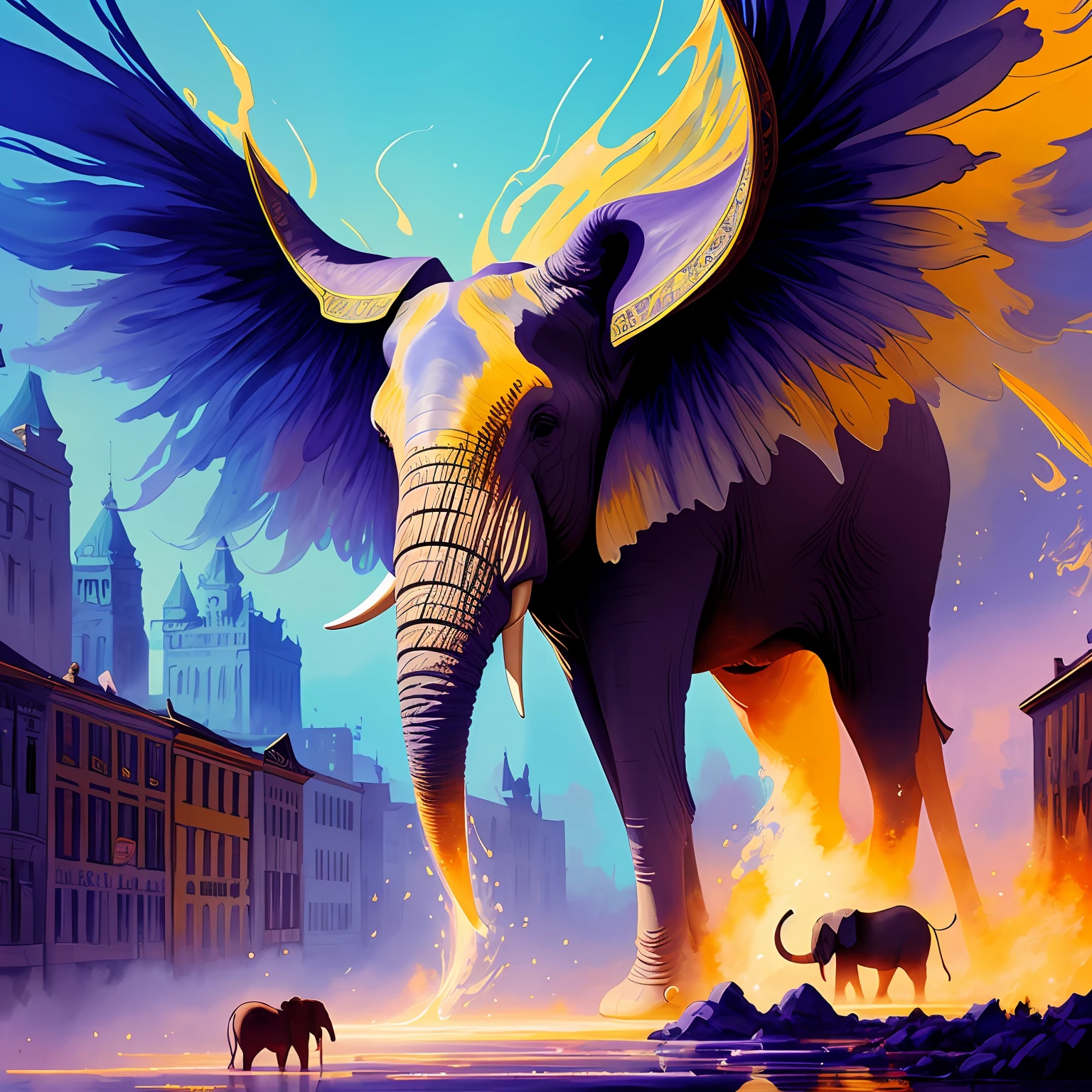 extremely stressed anime elephant, drinking coffee in a building on fire in the background, masterful playing card border, random Colorful art, oil painting, blue yellow colors, light purple and violet additions, light red additions, intricate detail, splash screen, 8k resolution, masterpiece, artstation digital painting smooth veryBlack ink flow: 8k resolution photorealistic masterpiece: intricately detailed fluid gouache painting: by Jean Baptiste Mongue: calligraphy: acrylic: watercolor art, professional photography, natural lighting, volumetric lighting maximalist photoillustration: by marton bobzert:, complex, elegant, expansive, fantastical,  vibrant