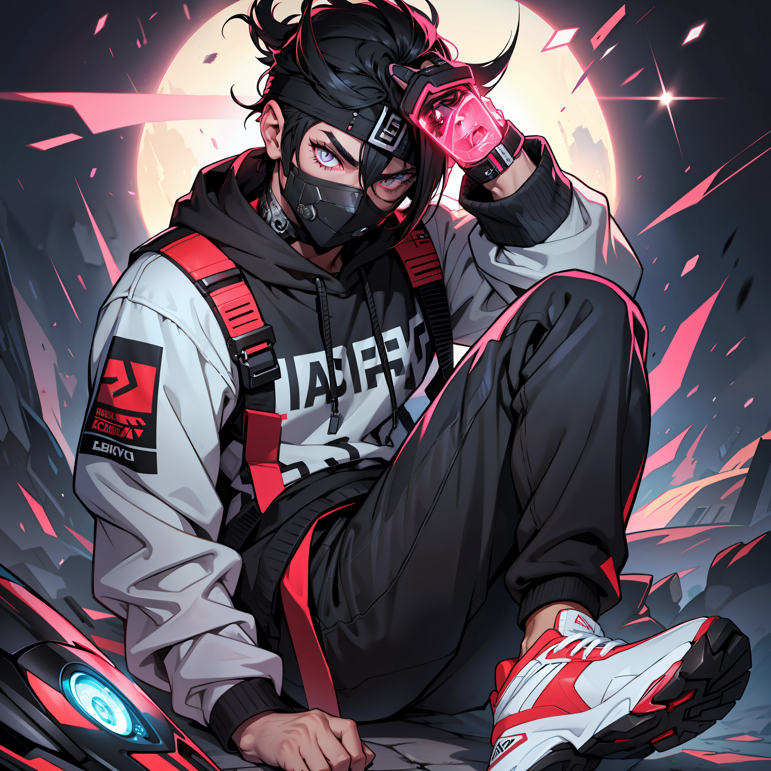 The user wrote in Portuguese about a cyborg ager with half his mouth covered by a black mask, wearing black pants and sneakers with LED soles, cabelos brancos, eyes with red iris and black sclera, e pediu para otimizar o texto em formato de prompt. Here is the optimized version of the prompt:

"Teencyborg with black mask covering half of mouth, black trousers, sneakers with LED soles, Cabelo branco, olhos vermelhos e esclera preta. (melhor qualidade)"