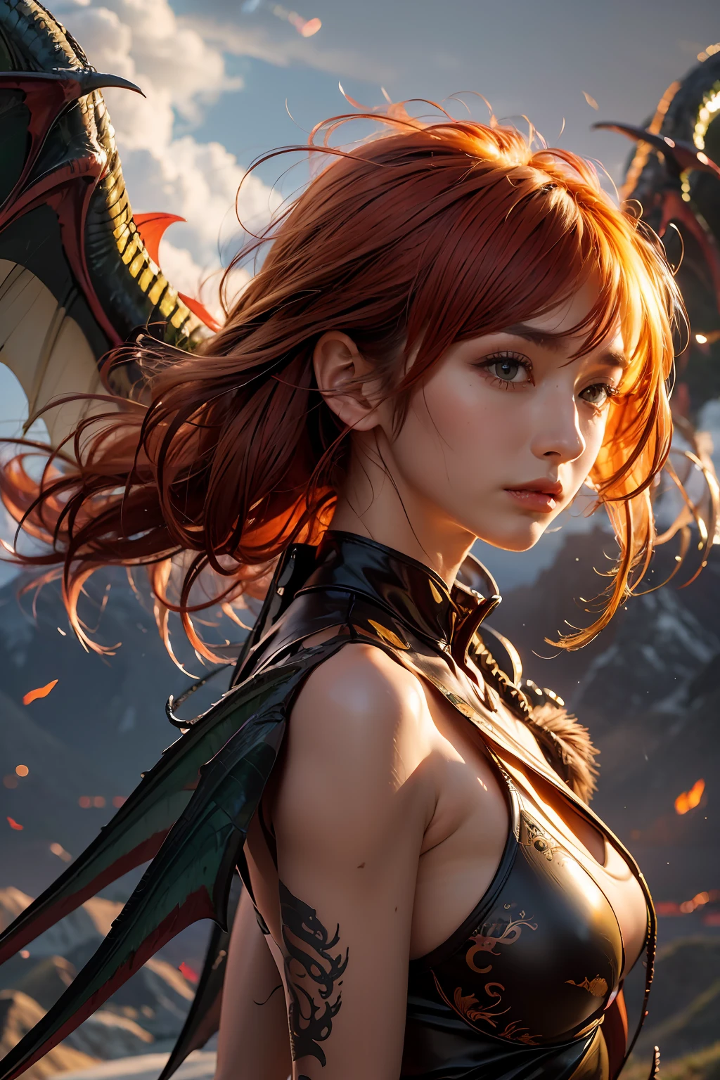 (masterpiece, best quality, CGI:1.2), mesmerizing girl, (shoulder-length fiery red hair:1.1), luminous green eyes, (majestic dragon wings:1.3), dragon scales, (sleek black bodysuit:1.2), flying high in the sky, (towering mountains below:1.1), vast open landscape, (sweeping clouds:1.2), golden sunlight piercing through, (powerful wing flaps:1.2), determined expression, mid-flight, exhilarating motion, epic scale, vibrant color palette, intense atmosphere, dynamic camera angle.