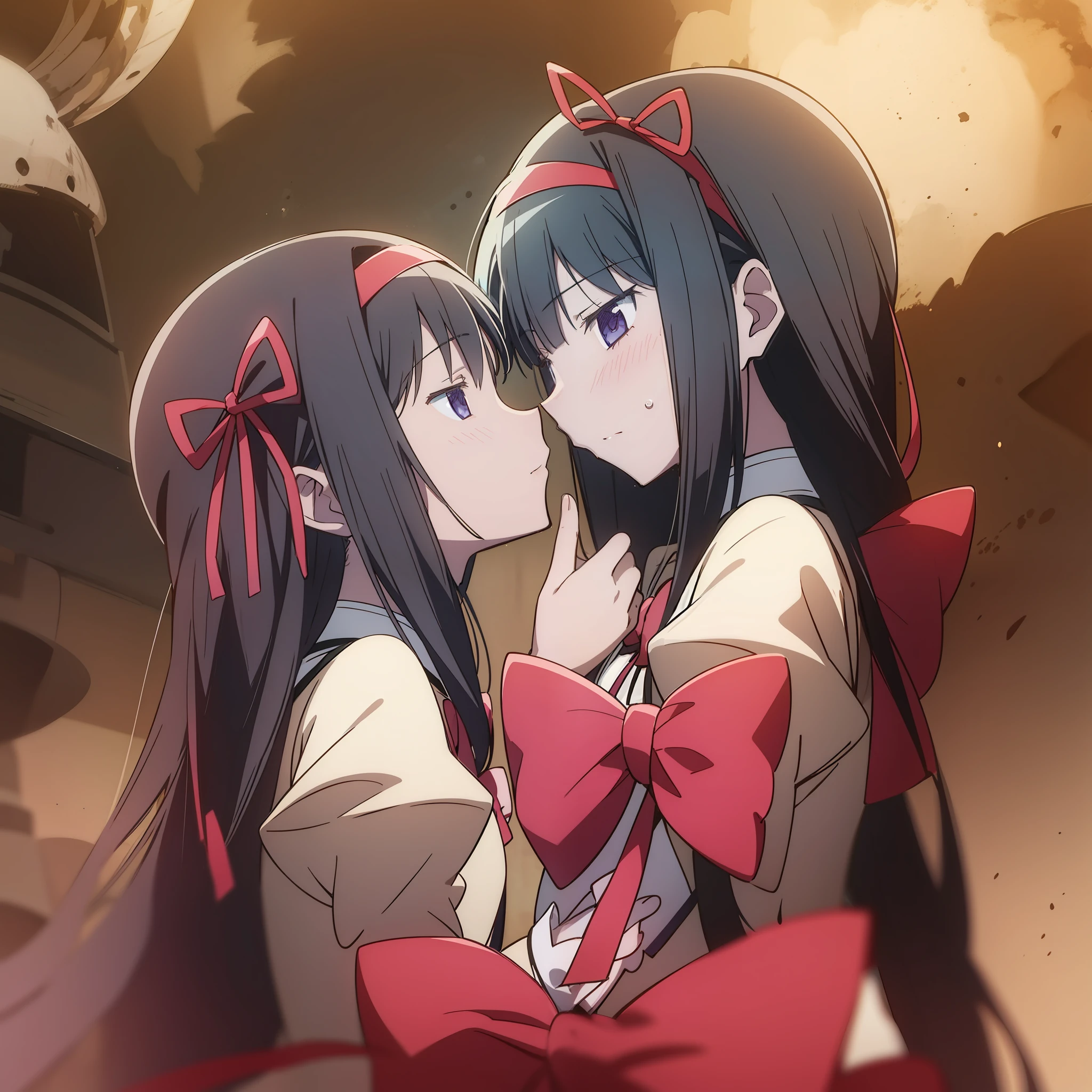 "Homura Akemi and Madoka Kaname passionately kissing, showcasing intense emotions and deep love between the two, creating a beautiful and powerful moment. 2girls."