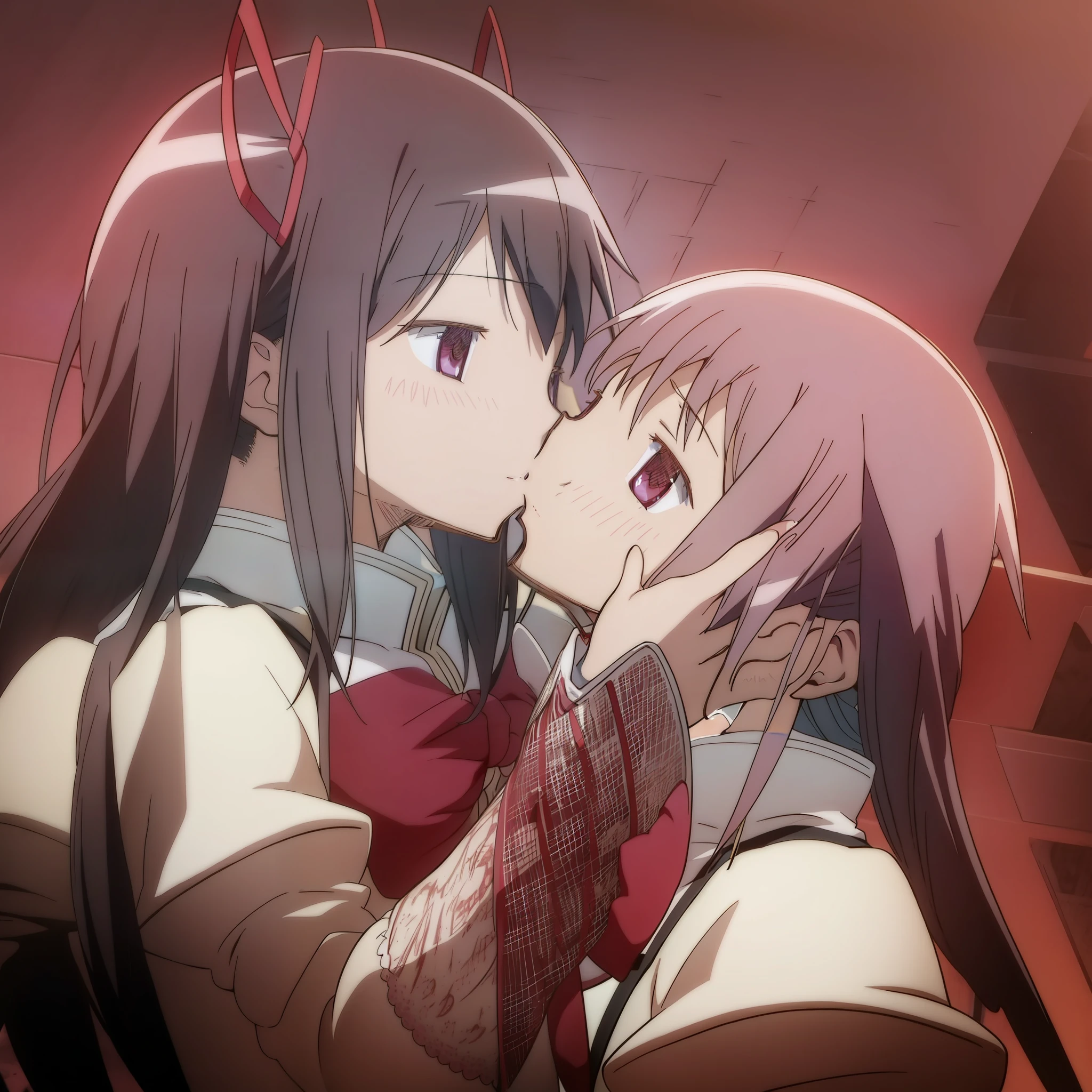 "Homura Akemi and Madoka Kaname passionately kissing, showcasing intense emotions and deep love between the two, creating a beautiful and powerful moment. 2girls."