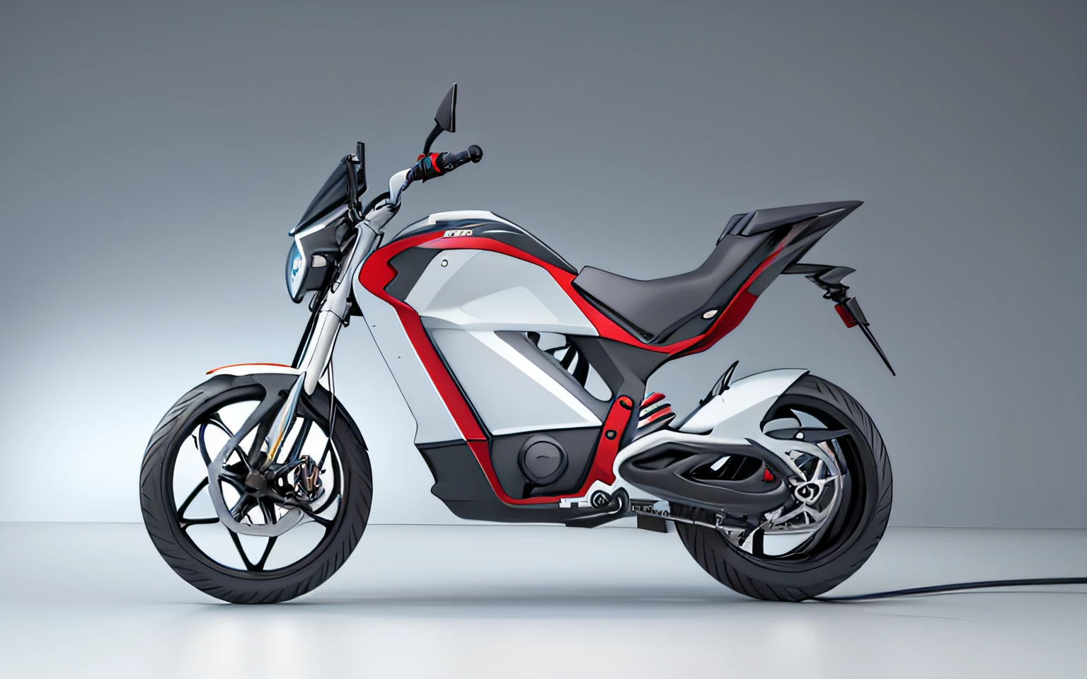 Close up of electric motorcycle on white background,Red seats, Moped, industrial design concept, cycle render, motorcycle concept art, CG rendering, Realistic concept, conceptual rendering, cgi rendering, artistation render, product design render, slick design, Futuristic motorcycle, Renders, a digital rendering, 2 d render, cg render, hd render, concept illustartion, conceito