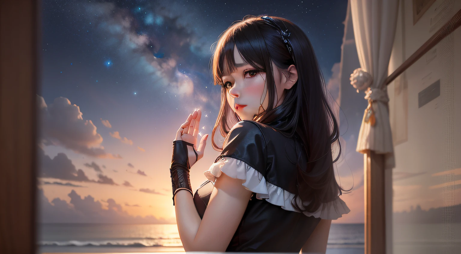 scenecy,A realistic woman,There is black, But you can see the sea of stars,Back shadow,Raise a hand。