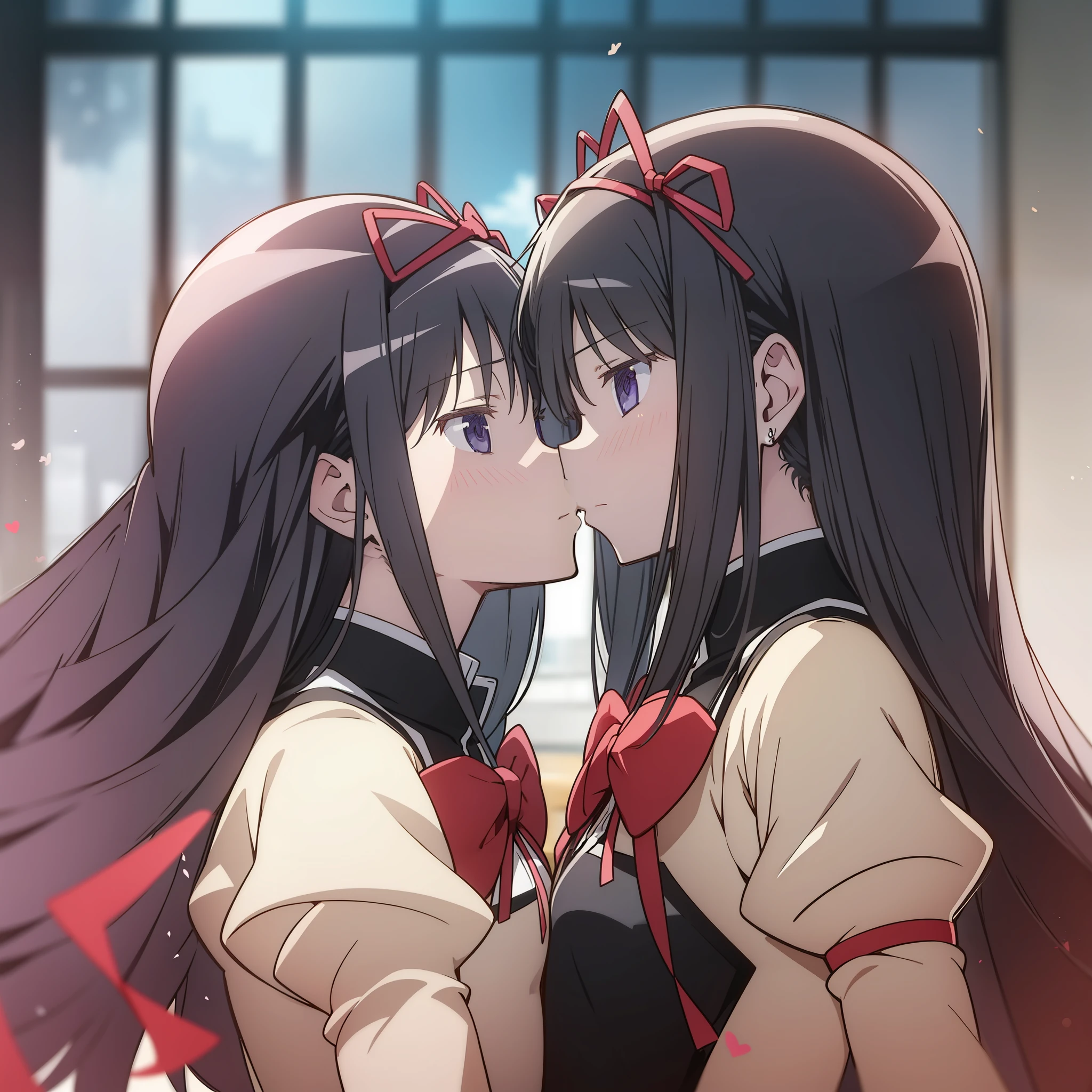 "Homura Akemi and Madoka Kaname passionately kissing, showcasing intense emotions and deep love between the two, creating a beautiful and powerful moment. 2girls."