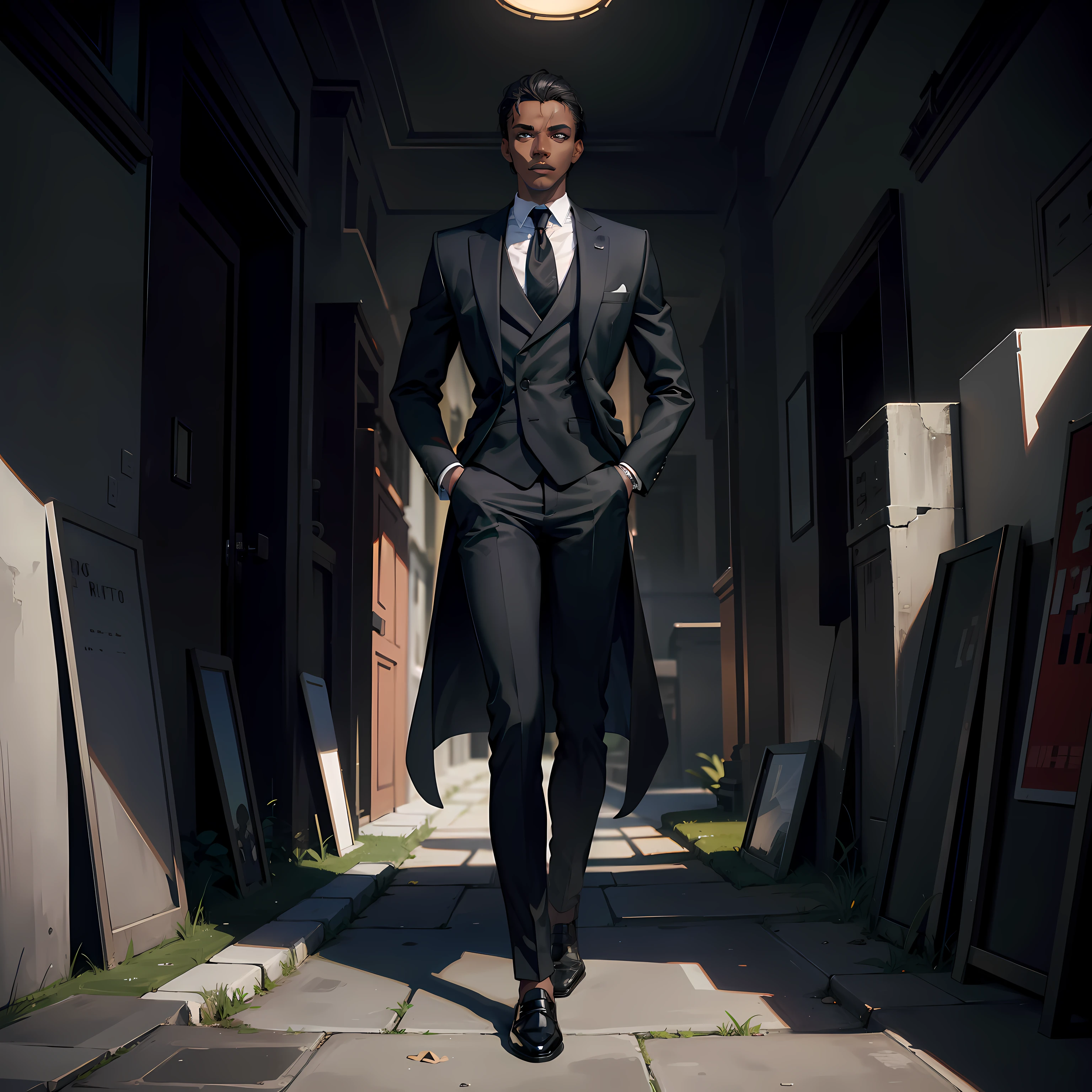 a masterpiece, 1 male, young adult, dark skin, short, low hair, dark eyes, detailed face, good shape, photorealistic, britanic, wearing black suit with tie, with long black coat, hands in the pocket, legs crossed, epic stance, good looks, serious face, dark backstreet backdrop, looking to the front, a pile of dead bodies in the ground.