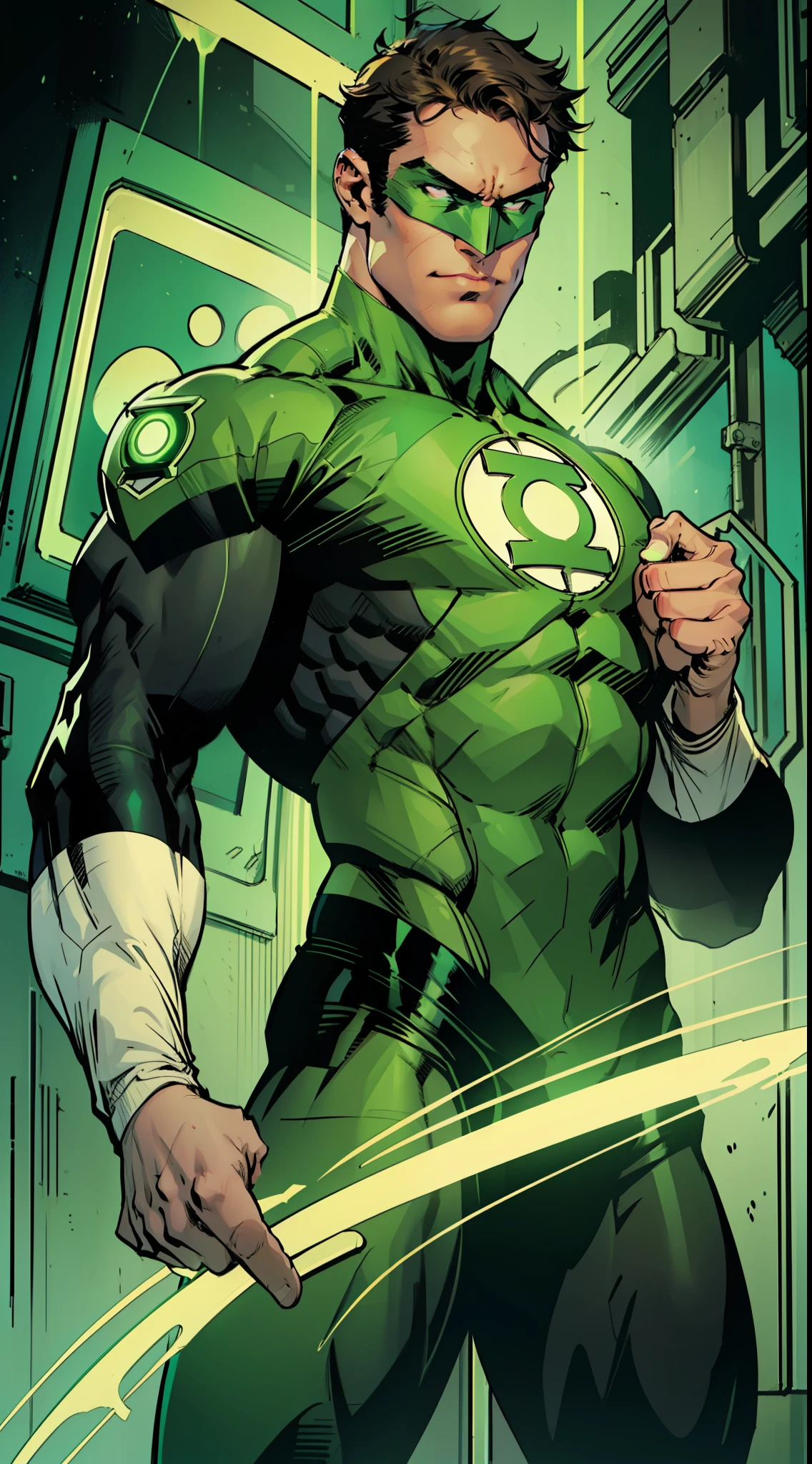 Green Lantern, Hal Jordan, full body shot, face of a 30s, tall, hunk, lean muscle, short hazel hair, neon green and black suit, light neon green lantern logo on the chest, best quality, masterpiece, high resolution, green ring on his right middle finger, dark green eyes mask, straight face, detailed face, detailed suit