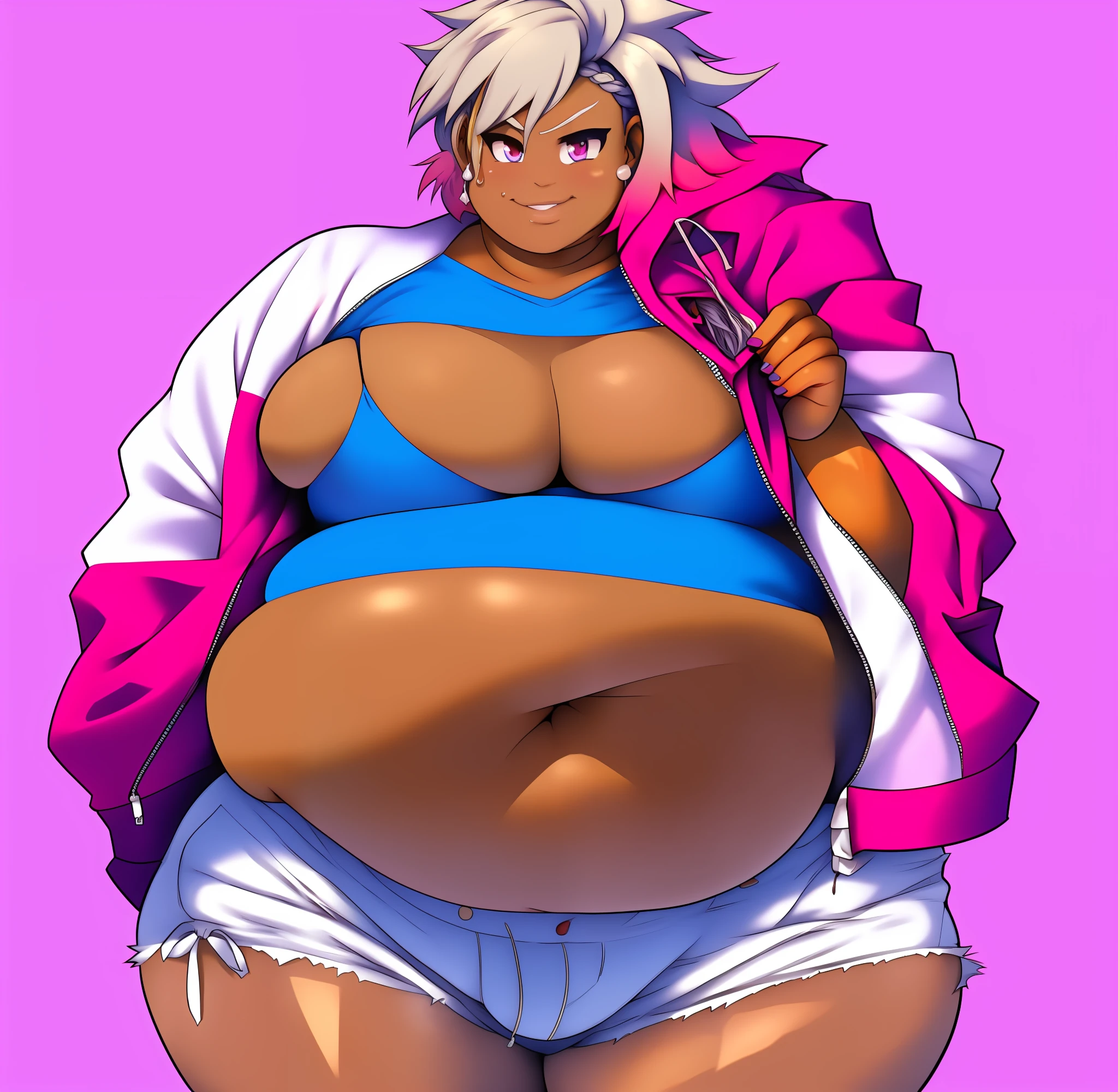 Illustration of a ((Feminine))Anime fat man with a big belly , fat man, ((extremely fat face)) , (morbidly obese), ((insanely inflated hips)),(fat thighs),(( fat butt)) ,(( large , Fat flabby belly )), his belly is fat , background ( bedroom ), expression ( seduce, eyelids lowered, smile)((anime boy )), (((Tan skin))), ((long,white hair with pink streaks )),(( hair Styled into a Bun and braided ponytail )) , ((white half jacket,hot pink Crop top)) ((Skimpy white shorts)) , (evil aura)),((solo)) anime artstyle, anime art style, yandere((masterpiece, High aesthetic, high quality))