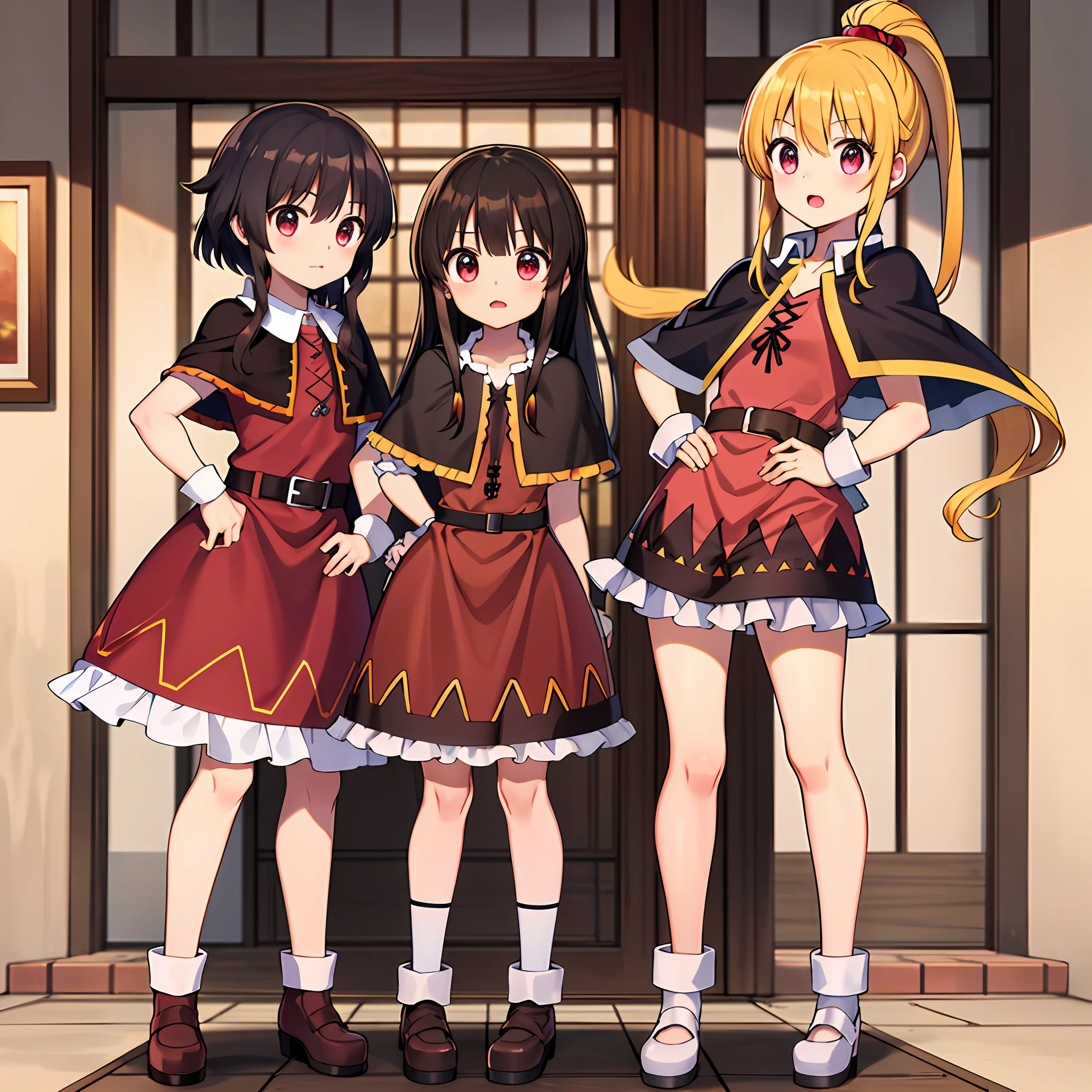 master part, best quality, Alto, HMBK1, 1girl_Megumin_Konosuba, cabelos curtos, olhos cor-vermelho, Capelet vermelho, fita, luvas brancas, vestido rosa, Frescuras, ao ar livre, Cidade, hand on hip, Standing,