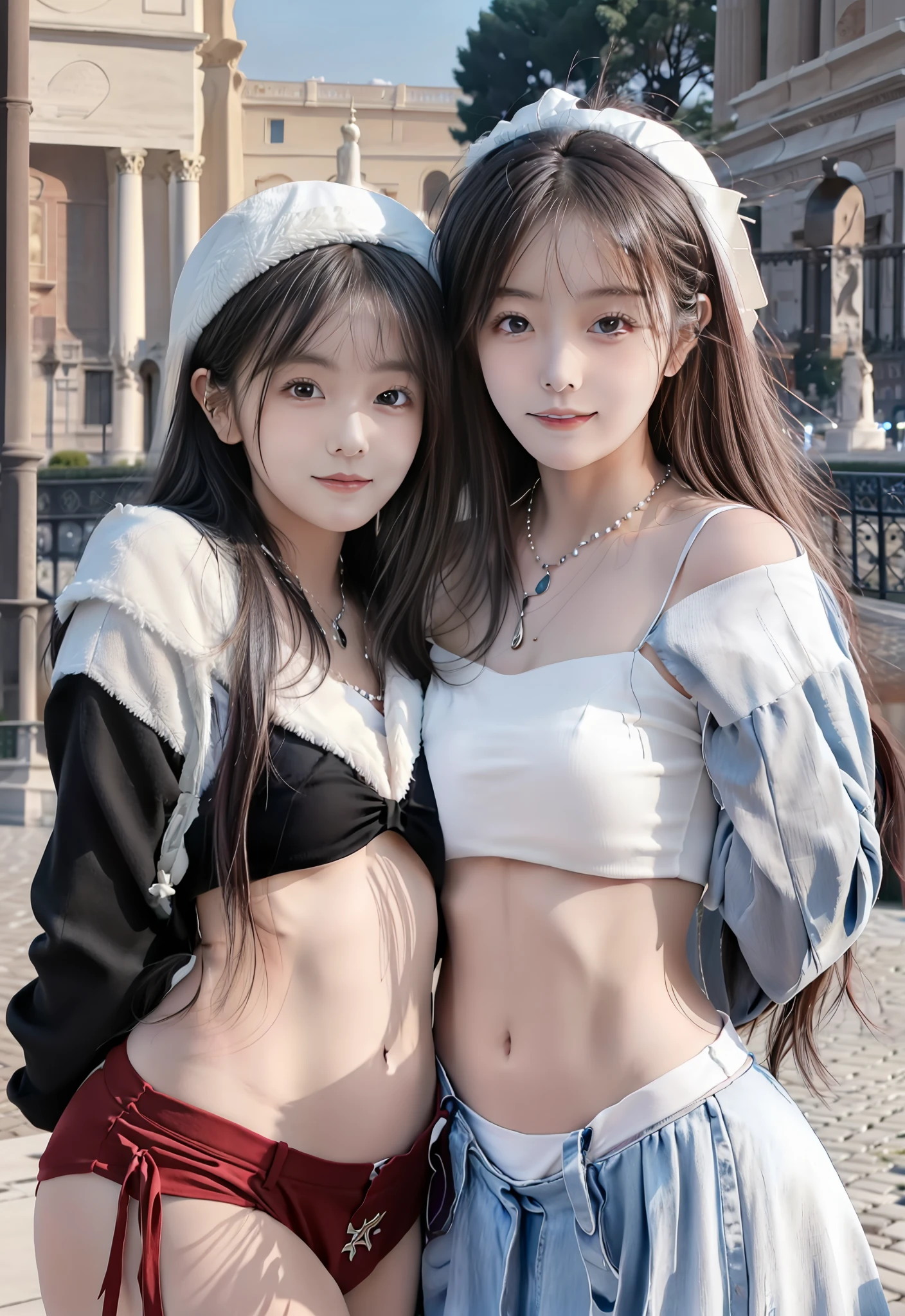 masterpiece, 4K, best quality, FELute, necklace, purple dress, (on the St. Peter's Square of Vatican,crowd,navel),bracers, cowboy shot, looking at viewer, smirk, hand up