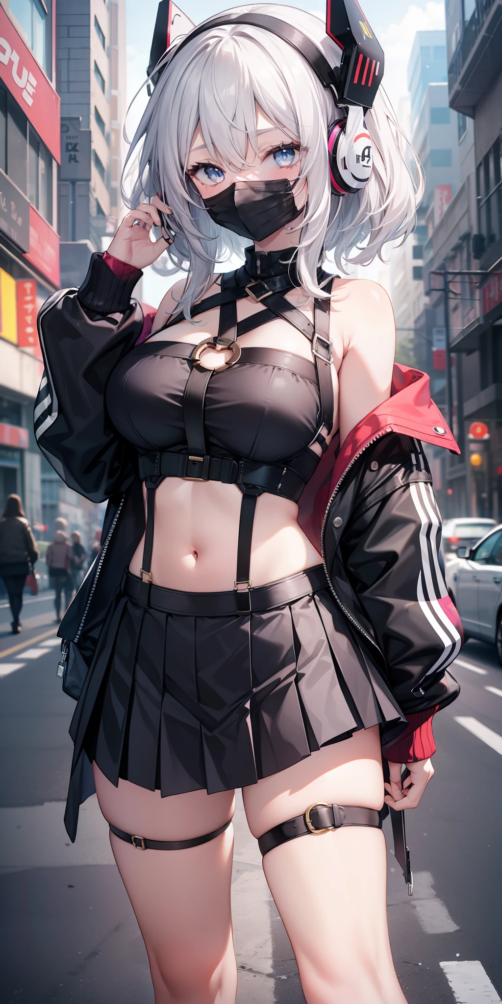 masterpiece, best quality, tall, clearire2, 1girl, Sister Cleaire, Only, long hair, open sexy clothes, black skirt, Black stockings, long sleeves, chest harness, black shirt, two sides up, bangs, crop top, miniskirt, Shoes, futuristic headphone, O-Ring, midriff, black and white hair, different color eyes, off shoulder, big breasts, thigh strap, pleated skirt, eye braces, perfect eyes, cropped shirt, street, mask, standing