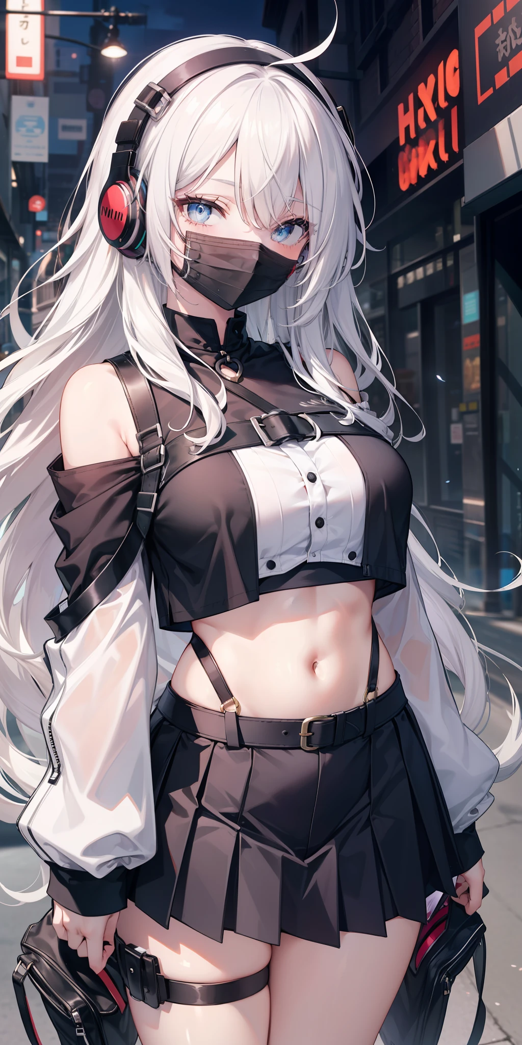 masterpiece, best quality, tall, clearire2, 1girl, Sister Cleaire, Only, long hair, open sexy clothes, black skirt, Black stockings, long sleeves, chest harness, black shirt, two sides up, bangs, crop top, miniskirt, Shoes, futuristic headphone, O-Ring, midriff, black and white hair, different color eyes, off shoulder, big breasts, thigh strap, pleated skirt, eye braces, perfect eyes, cropped shirt, street, mask, standing