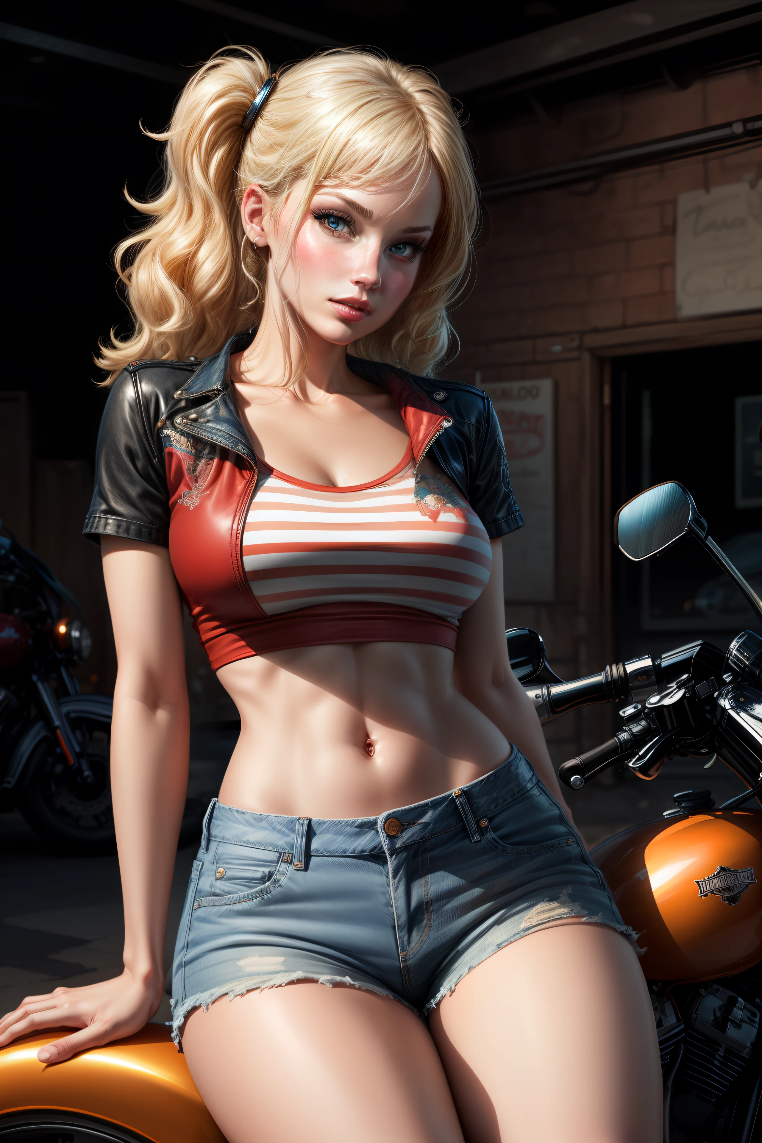 Intricate (Drawn:1.5) плакат Pin Up, in the style of Daniela Uhlig, gorgeous blonde woman in a red cropped t-shirt and denim shorts sitting on a Harley Davidson motorcycle, Highly detailed, hyper detailed painting, Complex, 8K, HD