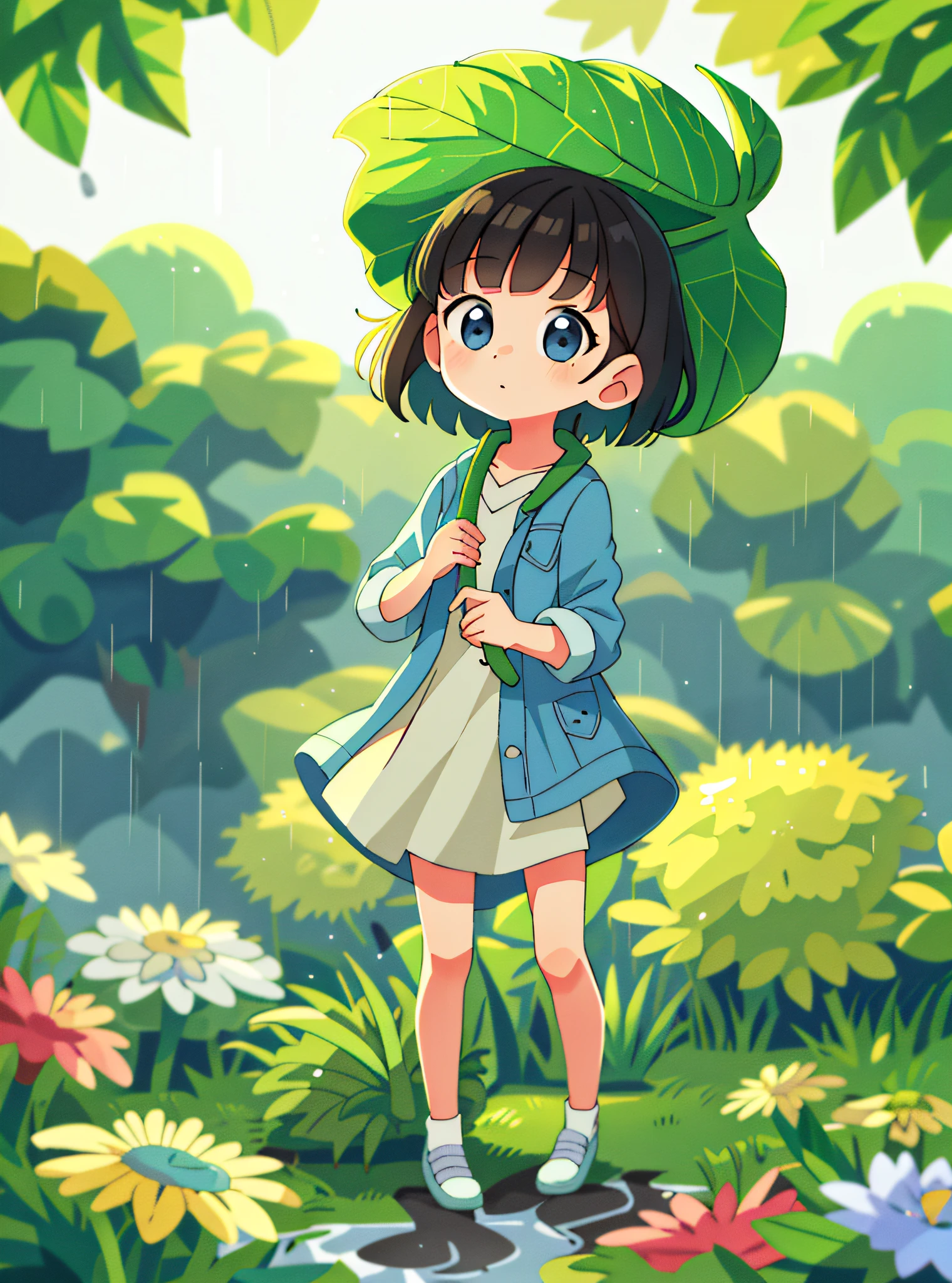 masterpiece, best quality, 1girl,looking at viewer,leaf umbrella,leaf,brwon hair,short hair,floral dress, denim jacket,outdoar,rain