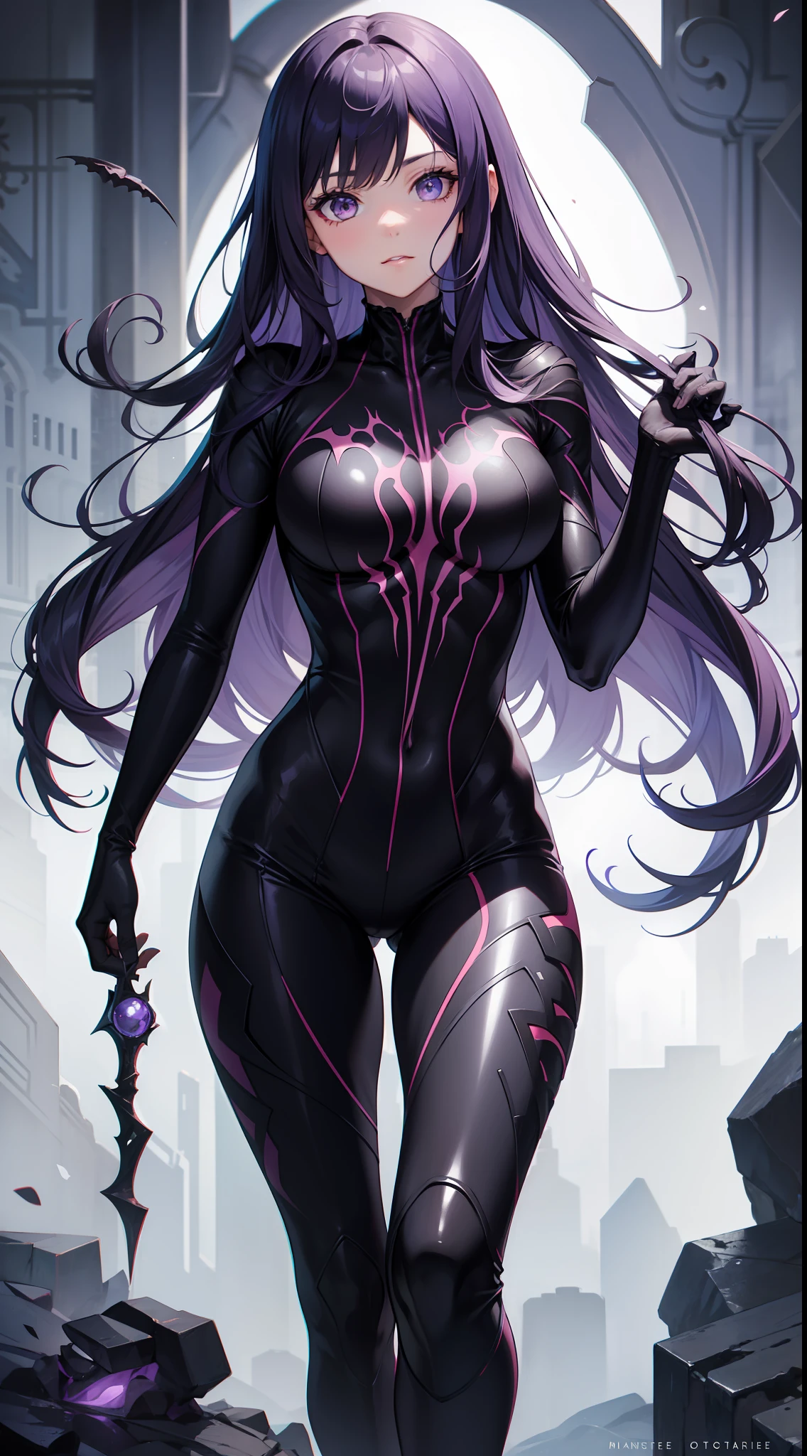 young girl, long purple hair, Bio-organic suit, symbiote, venom, Masterpiece, hiquality