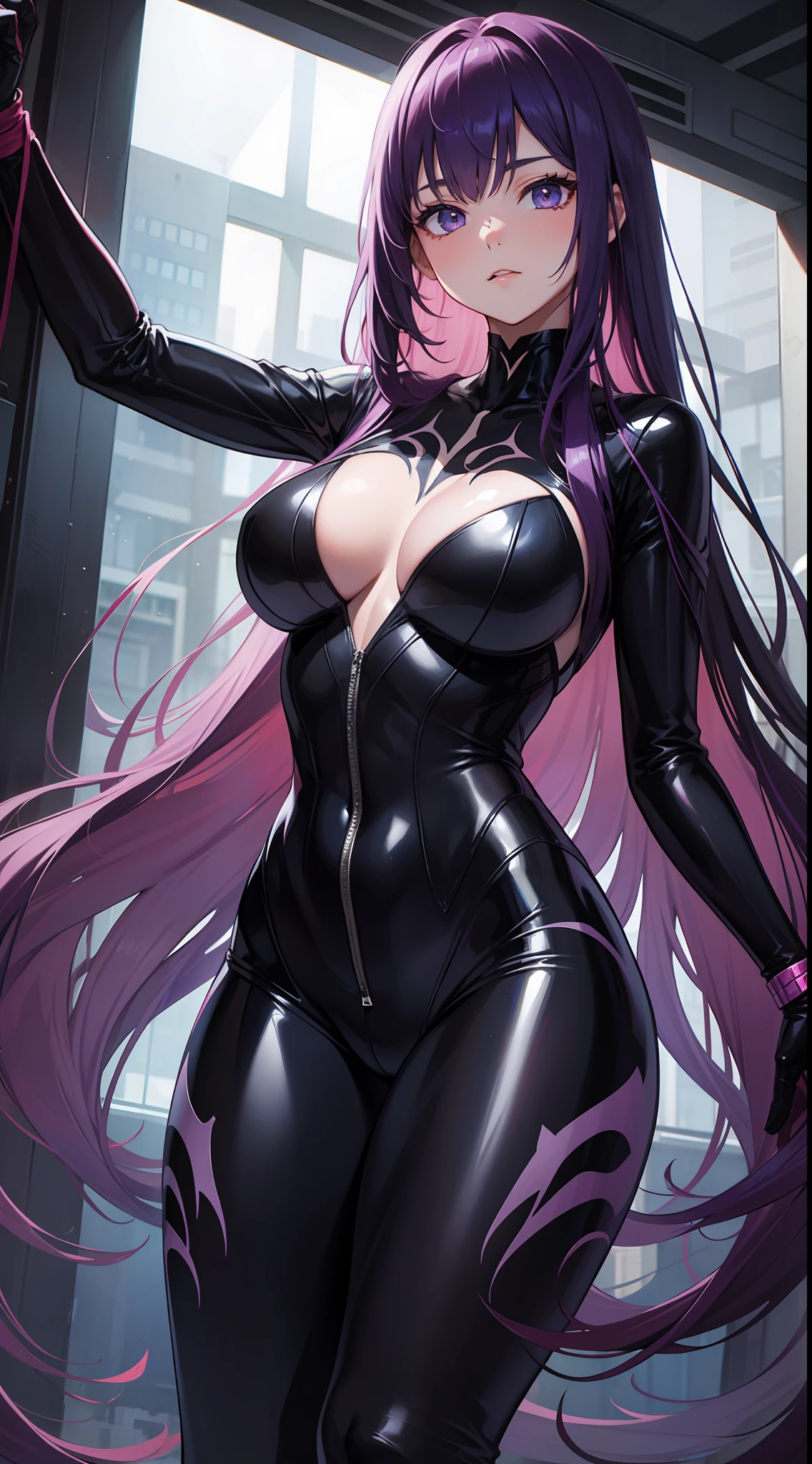 young girl, long purple hair, Bio-organic suit, symbiote, venom, Masterpiece, hiquality