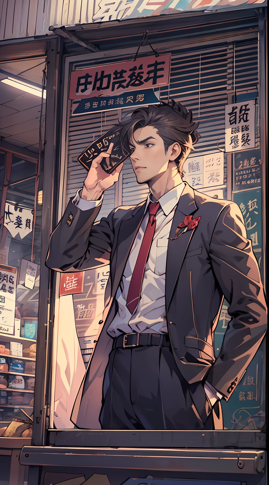 A tall, handsome man looked up at the store's signboard,Ask me with a questioning look。Ultra-Wide Angle, super detail, ccurate, best quality, 16k